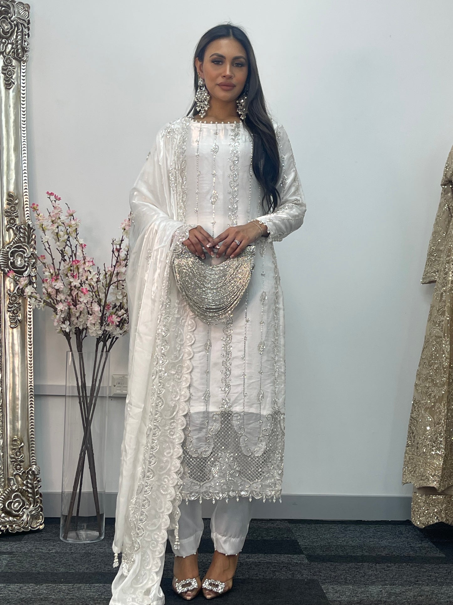 Tara - Korean Silk Cut Dana - Party Wear - CutWork - White - taara -