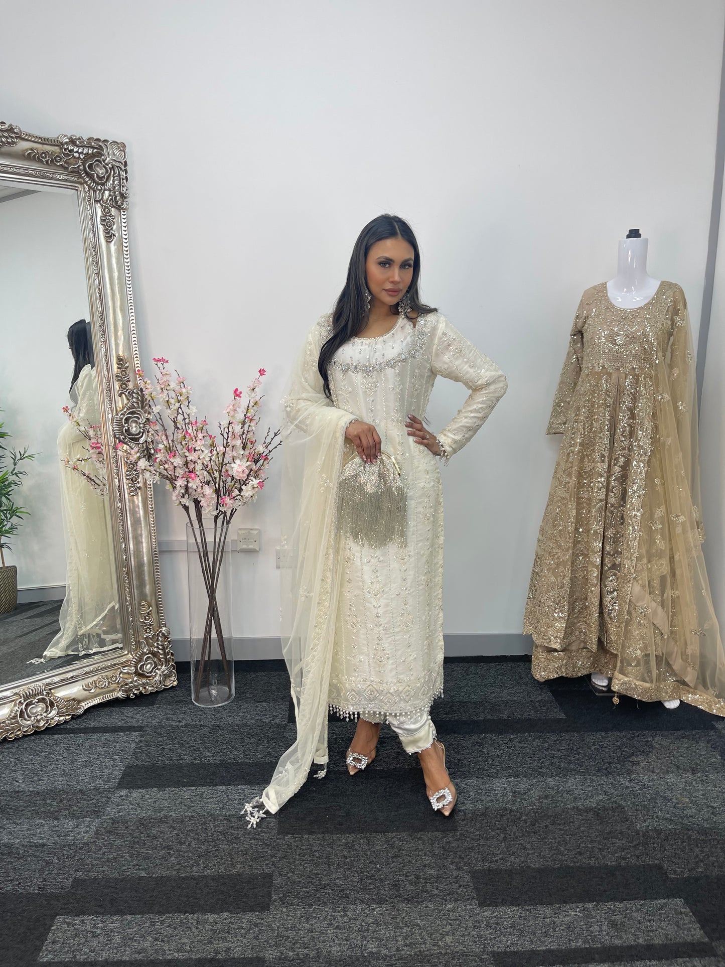 Ronaq- Korean Silk Cut Dana - Party Wear - White - Ivory -