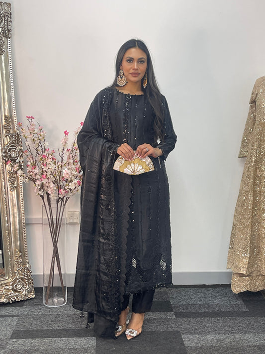 Tara - Korean Silk Cut Dana - Party Wear - CutWork - Black - taara