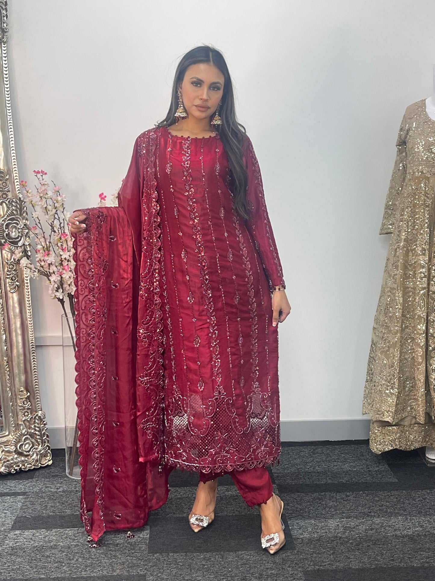 Tara - Korean Silk Cut Dana - Party Wear - CutWork - Maroon - taara