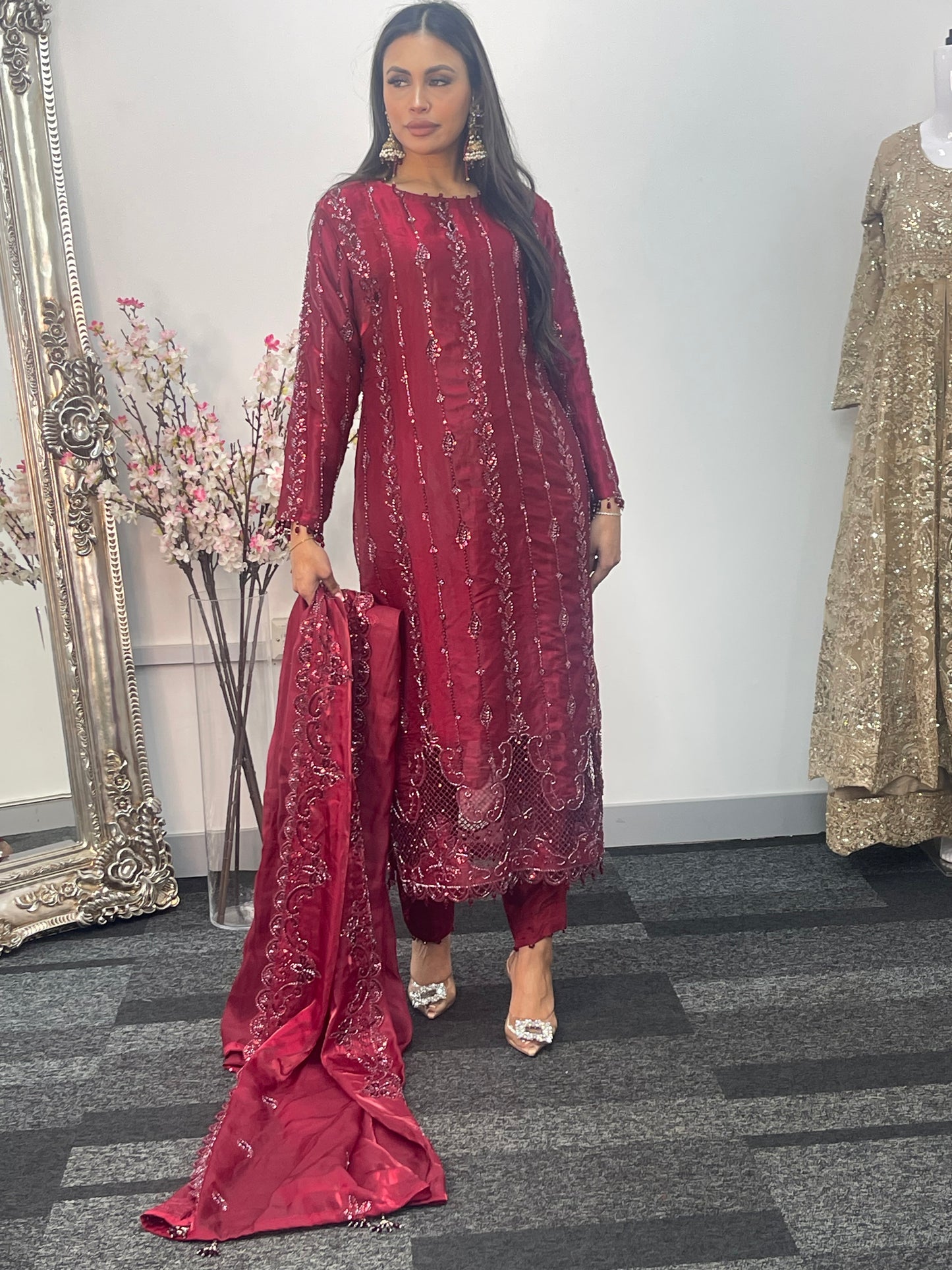 Tara - Korean Silk Cut Dana - Party Wear - CutWork - Maroon - taara