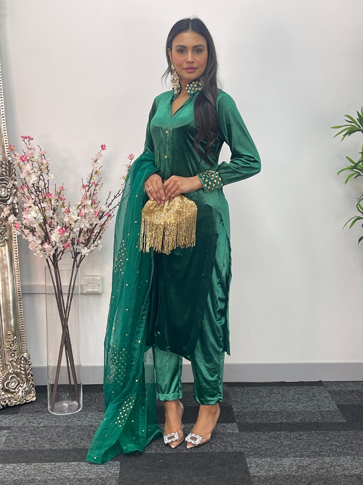 Sona l Green Silk Velvet - Party Outfit l AA