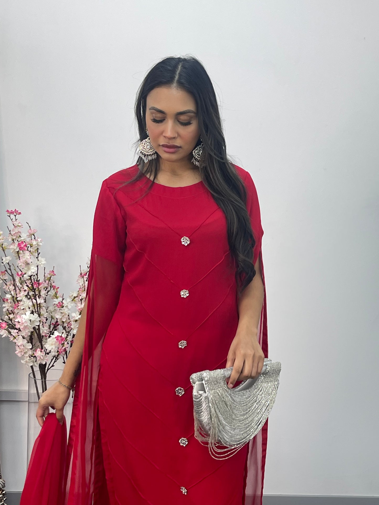 Red - Floor Length Sleeves - Chiffon Outfit - T