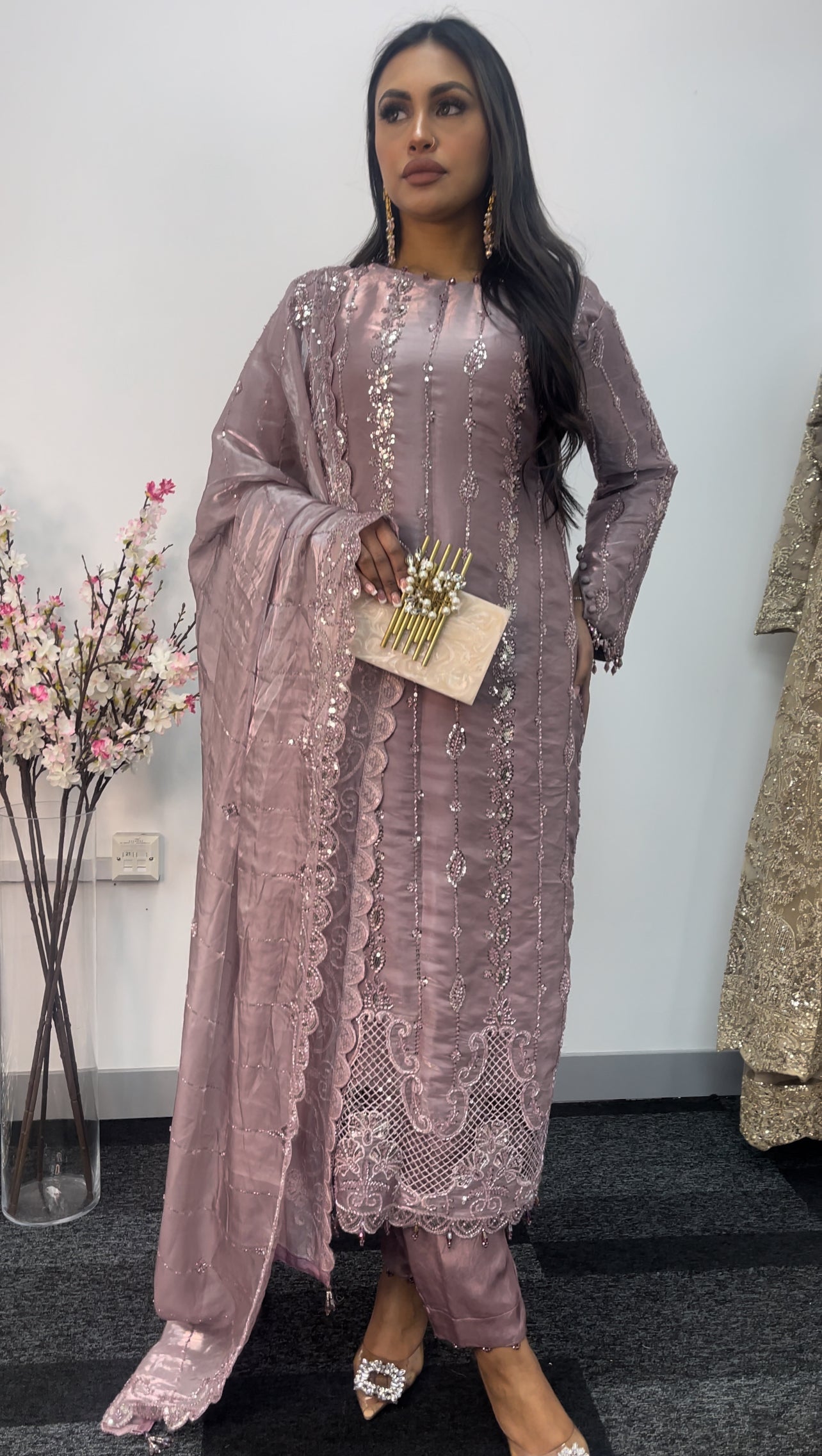 Tara - Korean Silk Cut Dana - Party Wear - CutWork - Pink - taara