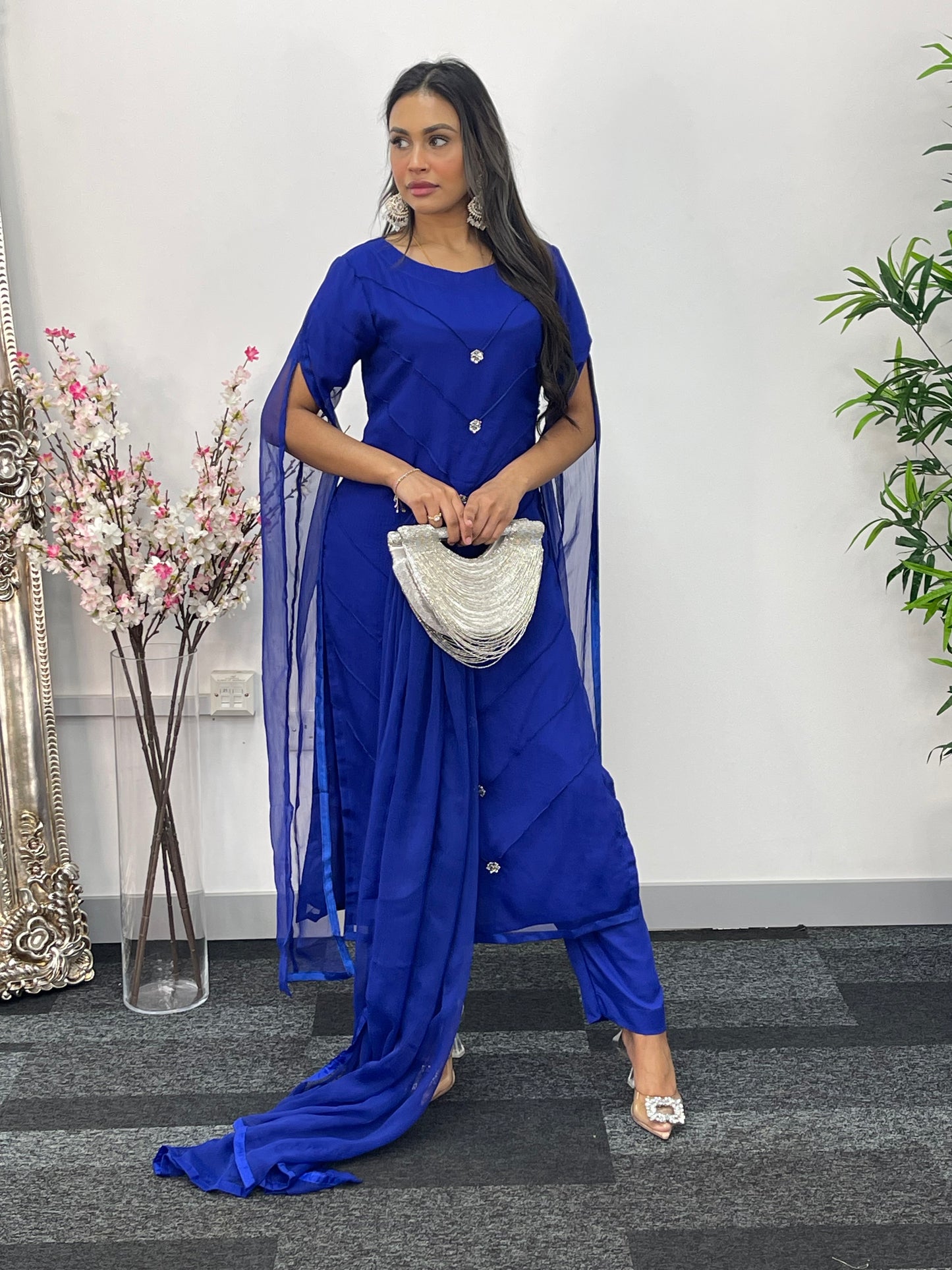 Blue - Floor Length Sleeves - Chiffon Outfit - T