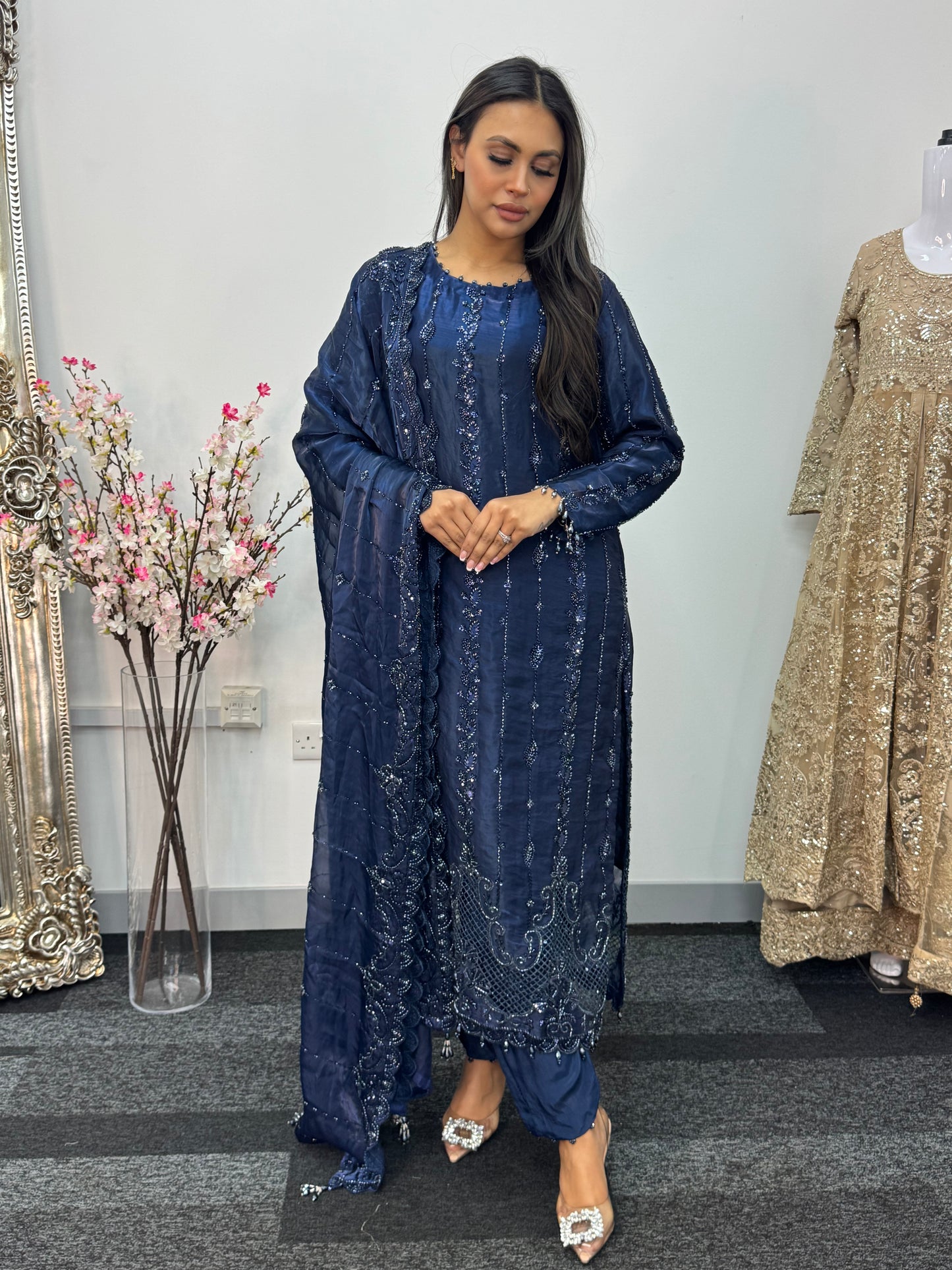 Tara - Korean Silk Cut Dana - Party Wear - CutWork - Navy Blue - taara