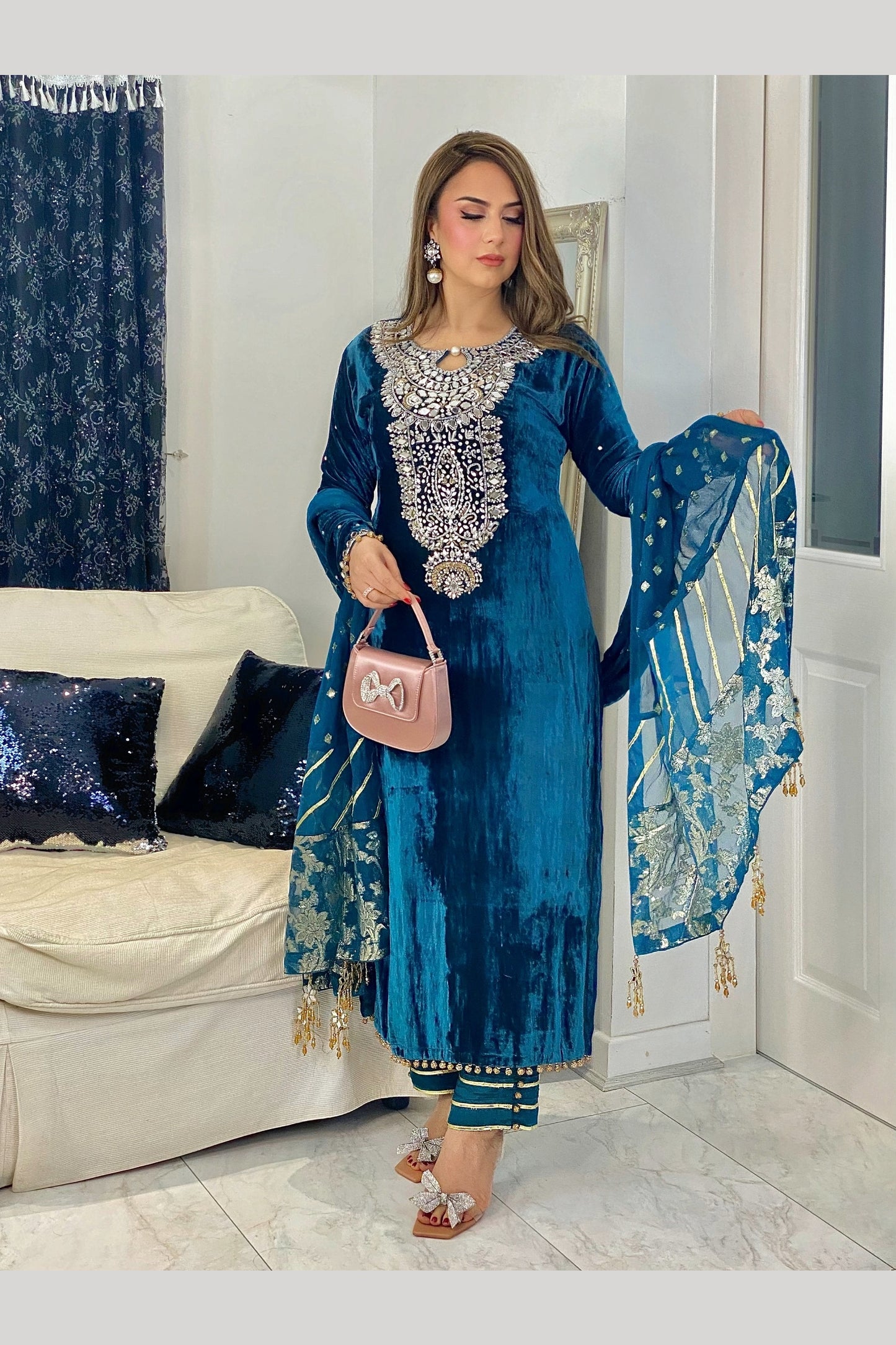 (Preorder 4weeks) Peacock - Teal Velvet Pret - Wedding Party Wear -