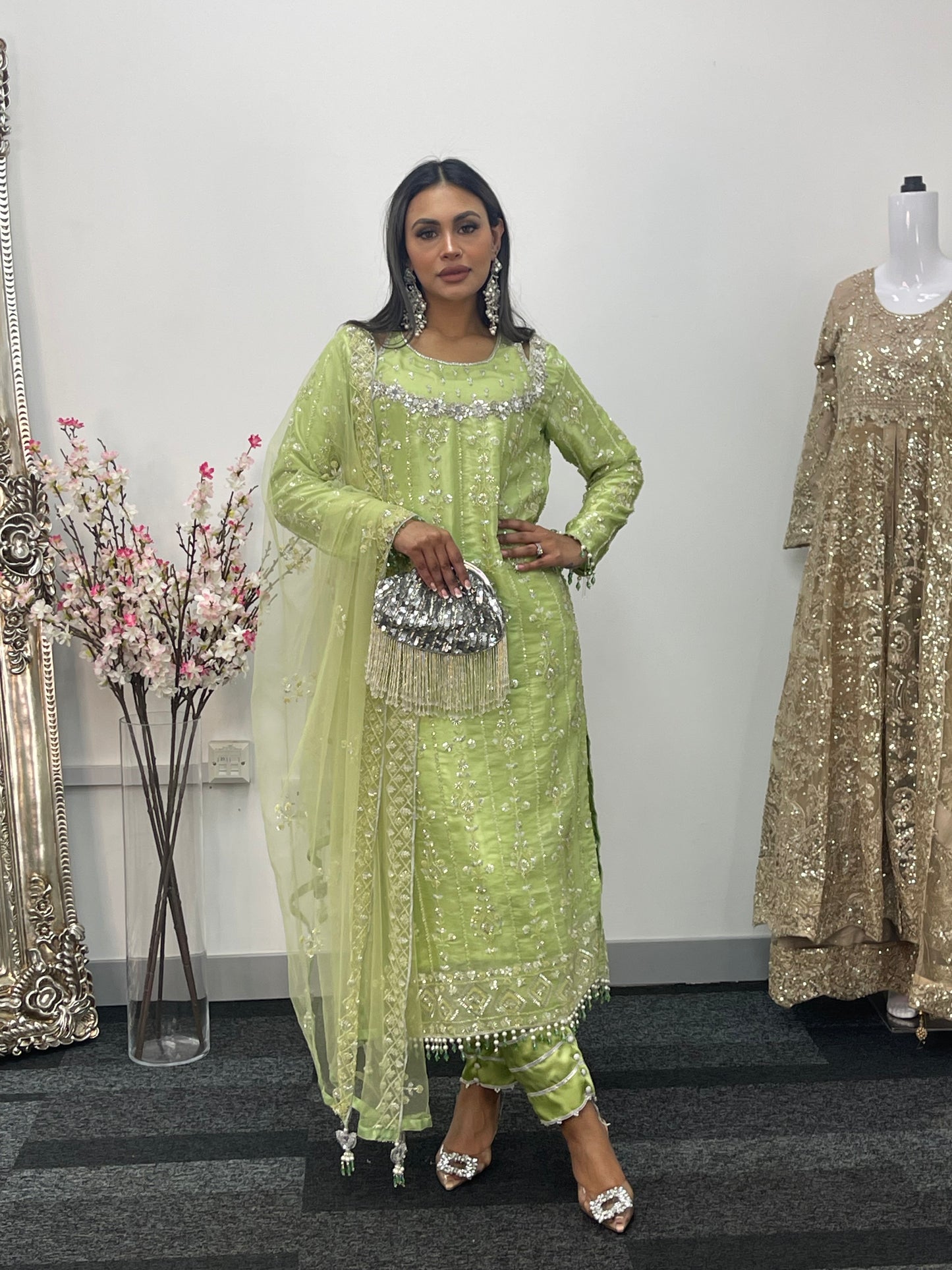 Ronaq- Korean Silk Cut Dana - Party Wear - Mint Green