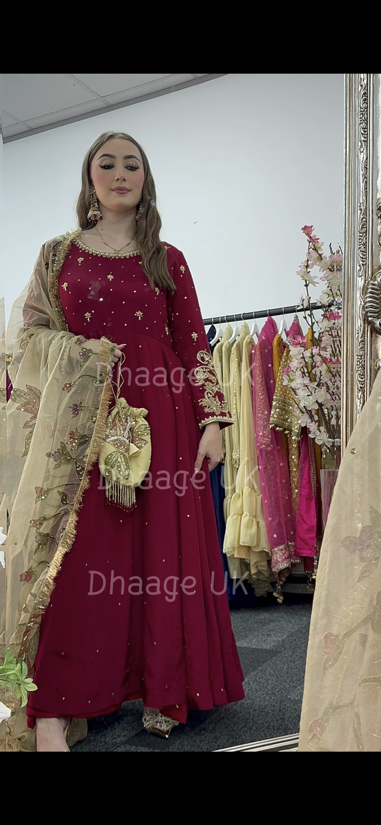 (Pre Order 3/4 Weeks) “GUL BANO” - Hand Painted Dupatta with Hand Work -Anarkali - Maroon Gold - Noor