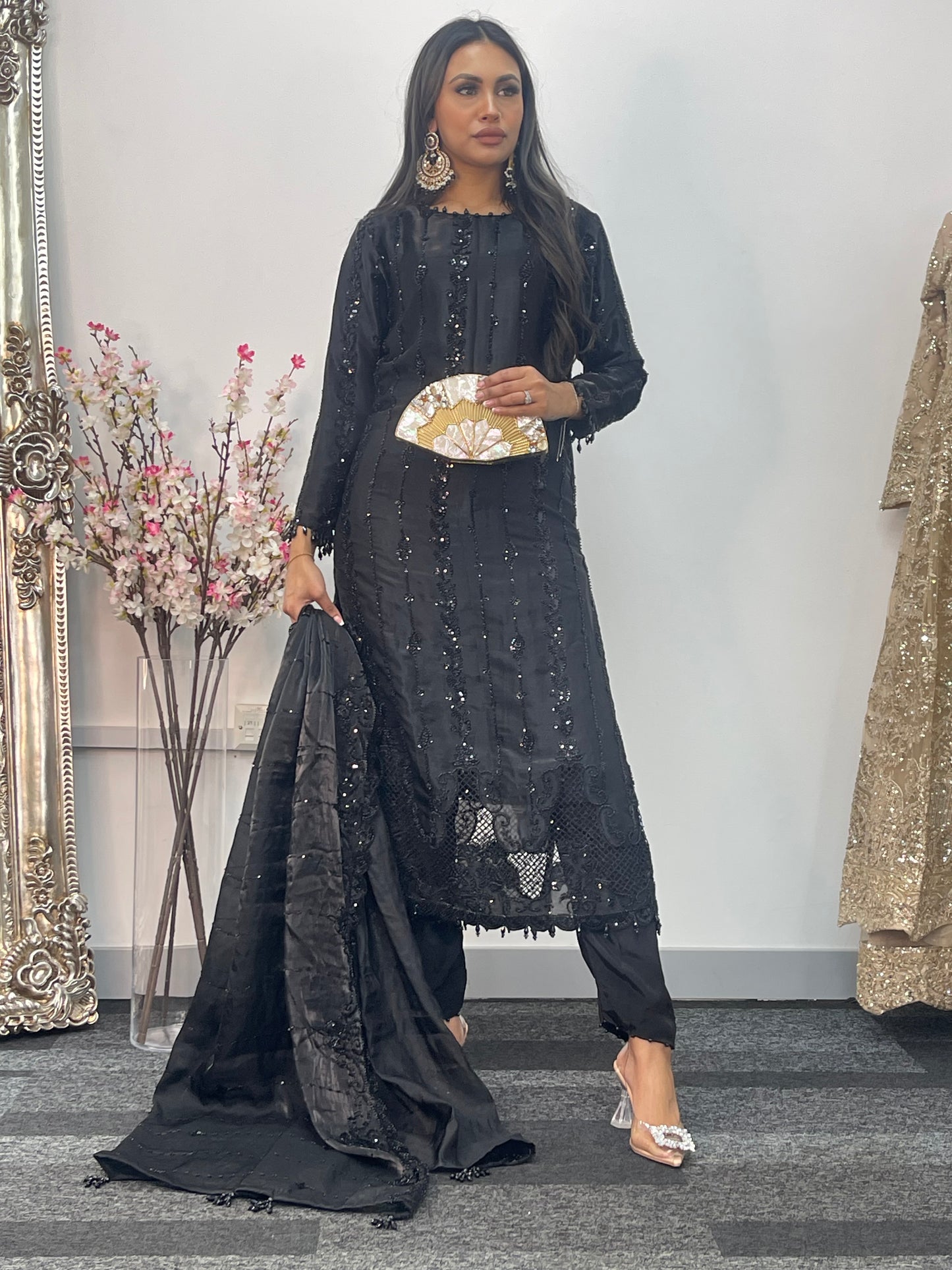 Tara - Korean Silk Cut Dana - Party Wear - CutWork - Black - taara