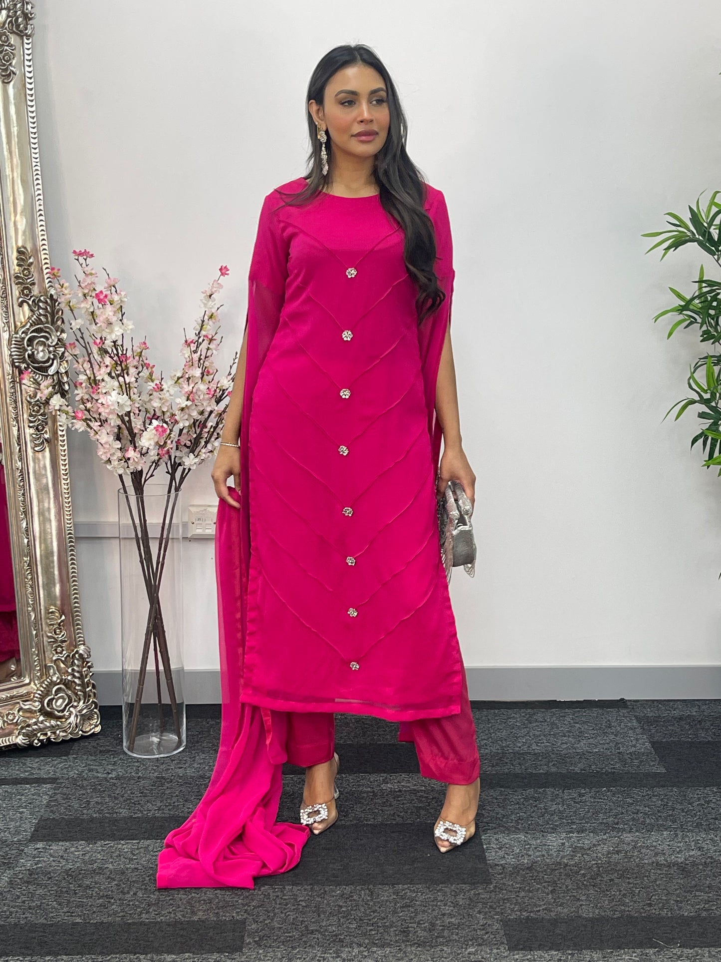 Hot Pink - Floor Length Sleeves - Chiffon Outfit - T