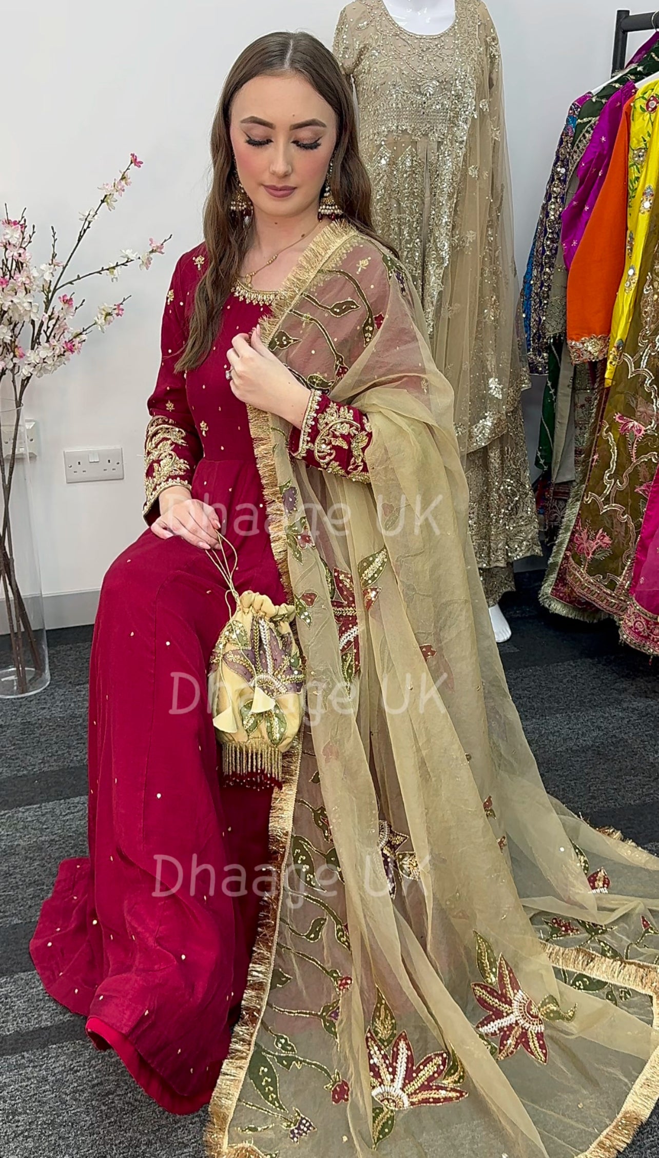 (Pre Order 3/4 Weeks) “GUL BANO” - Hand Painted Dupatta with Hand Work -Anarkali - Maroon Gold - Noor