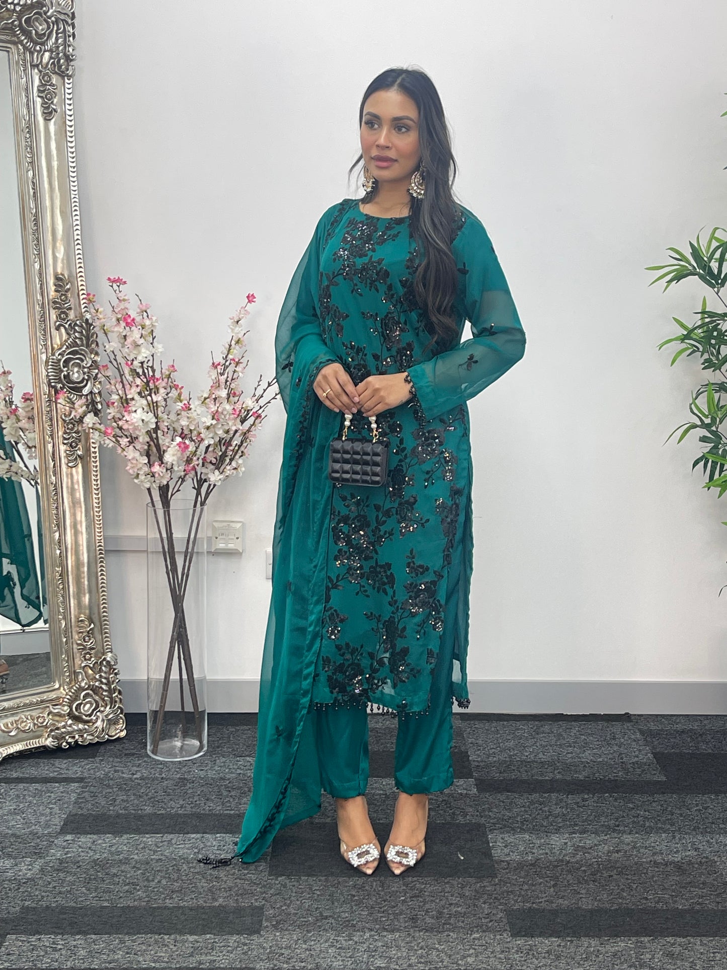 “Tooba” Green Chiffon Sitari - W