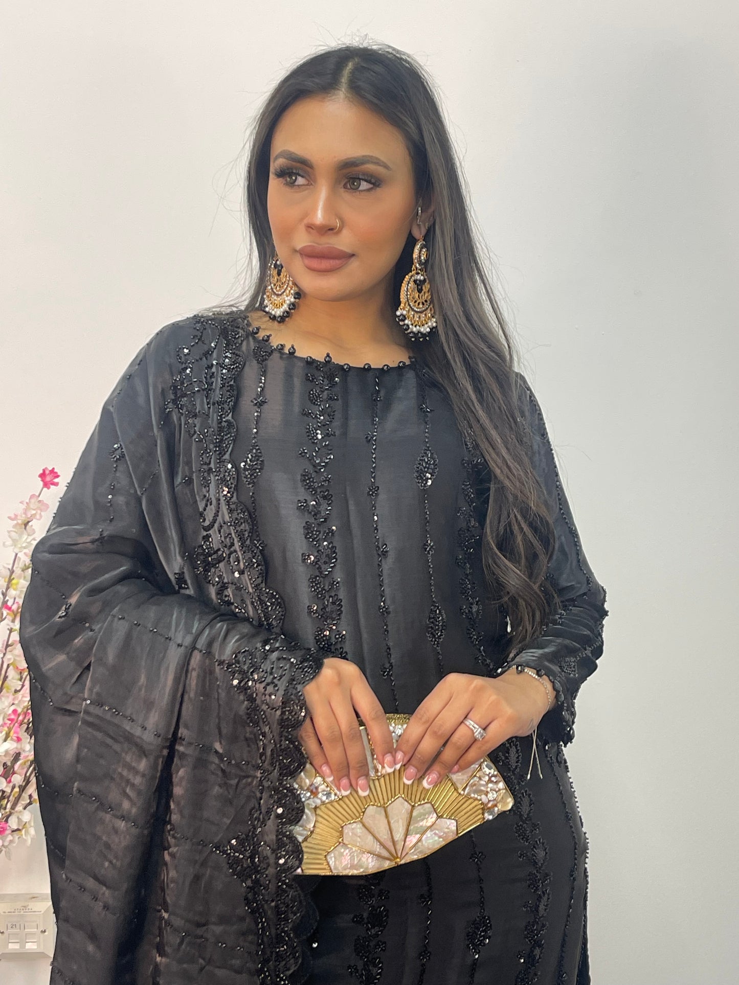 Tara - Korean Silk Cut Dana - Party Wear - CutWork - Black - taara