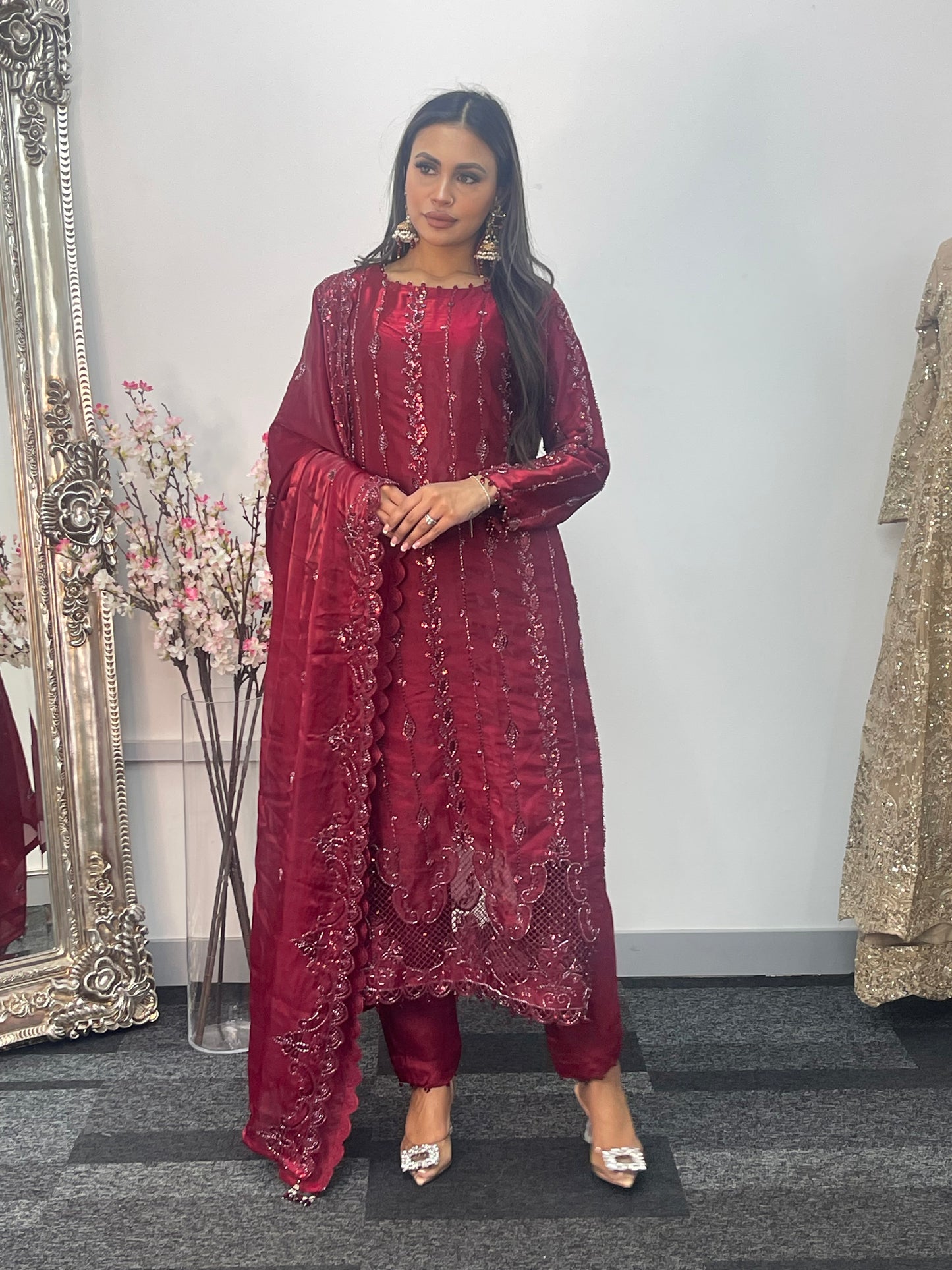 Tara - Korean Silk Cut Dana - Party Wear - CutWork - Maroon - taara