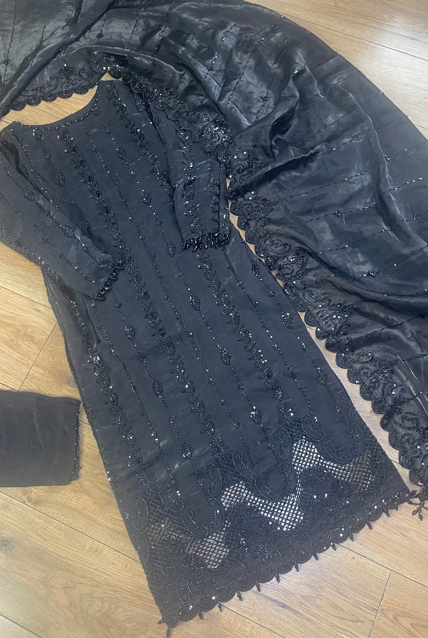 Tara - Korean Silk Cut Dana - Party Wear - CutWork - Black - taara