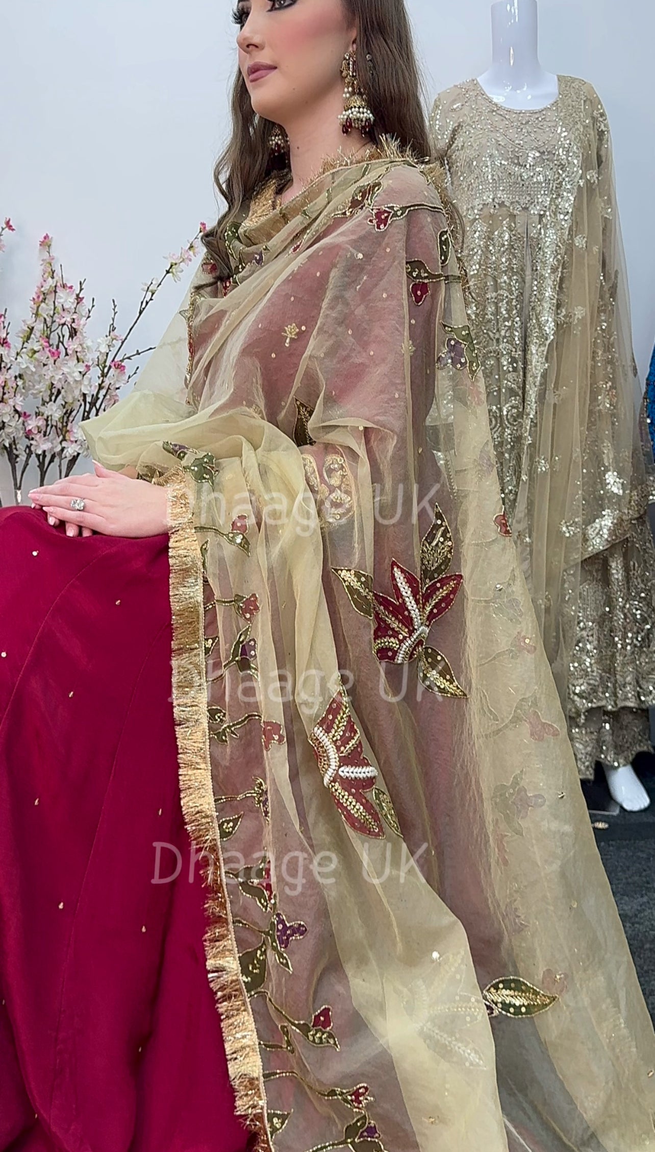 (Pre Order 3/4 Weeks) “GUL BANO” - Hand Painted Dupatta with Hand Work -Anarkali - Maroon Gold - Noor
