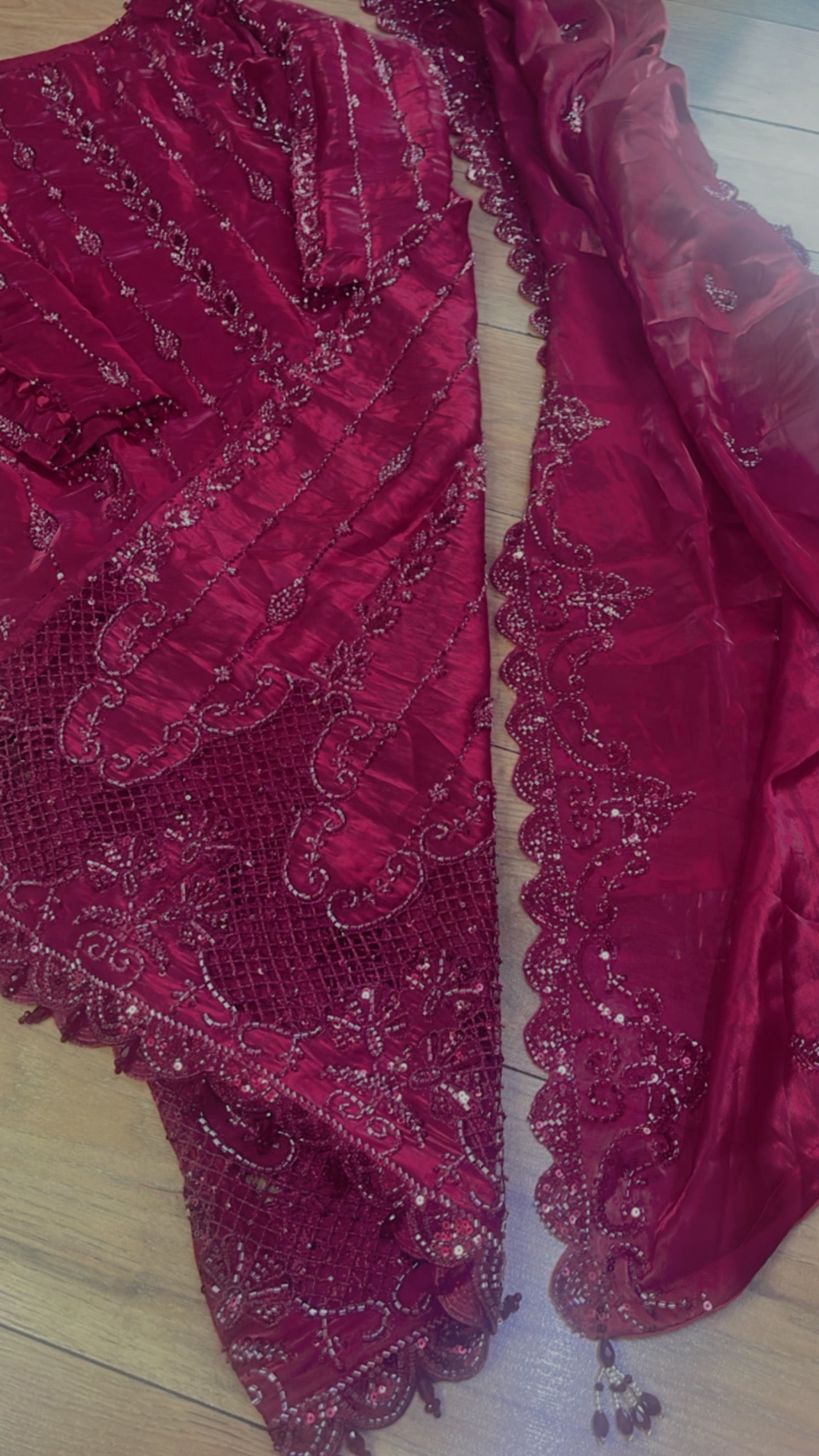 Tara - Korean Silk Cut Dana - Party Wear - CutWork - Maroon - taara