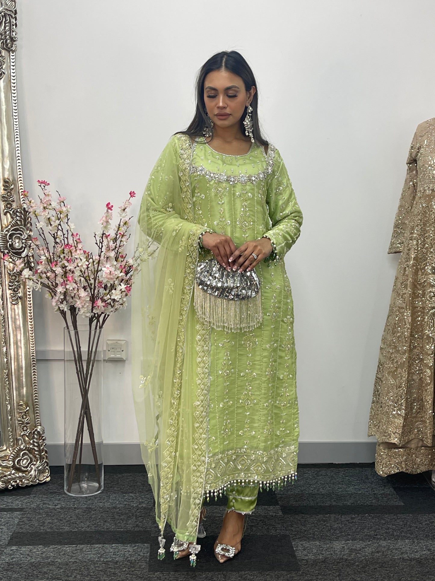 Ronaq- Korean Silk Cut Dana - Party Wear - Mint Green