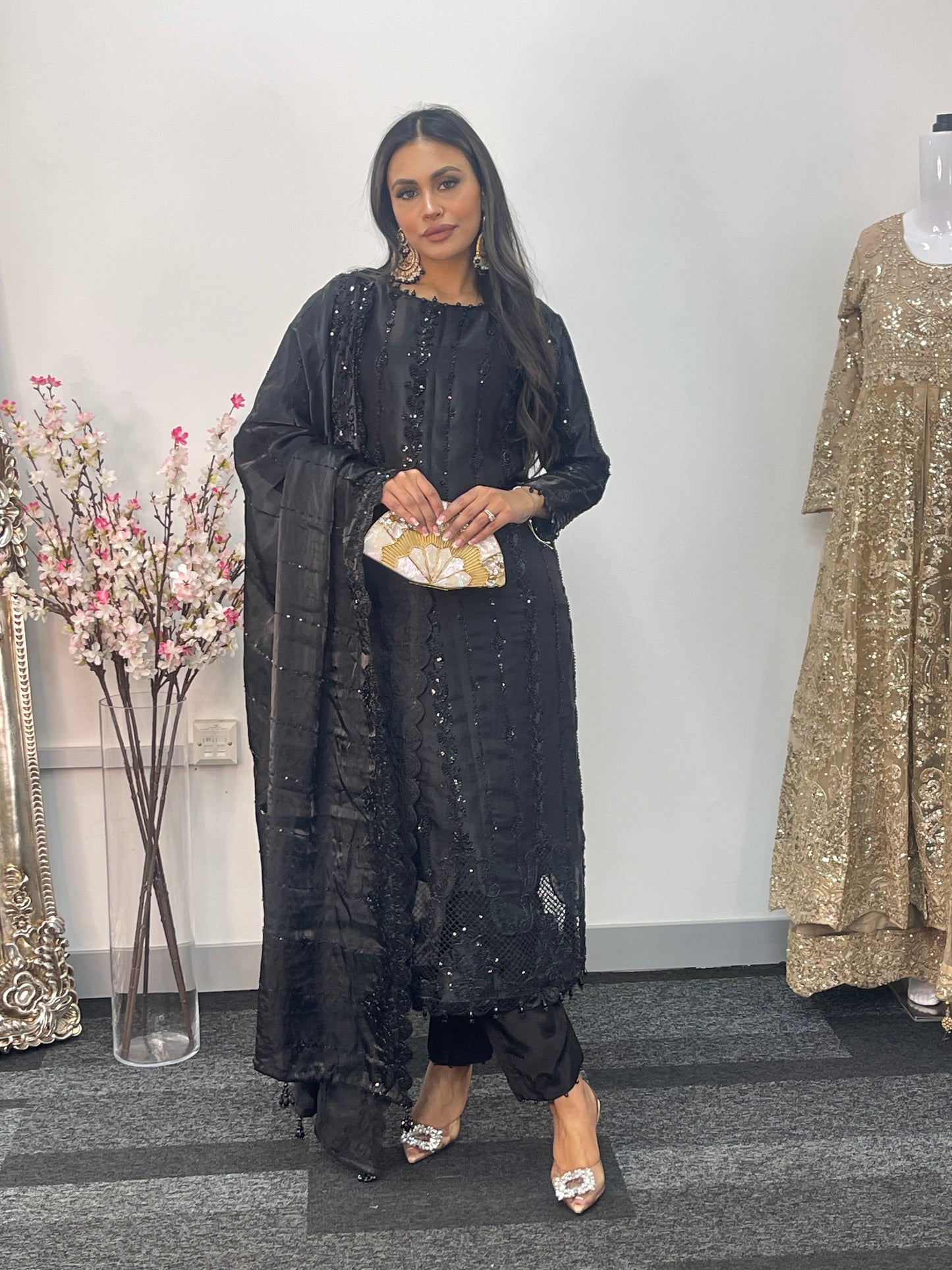 Tara - Korean Silk Cut Dana - Party Wear - CutWork - Black - taara