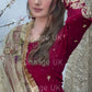 (Pre Order 3/4 Weeks) “GUL BANO” - Hand Painted Dupatta with Hand Work -Anarkali - Maroon Gold - Noor