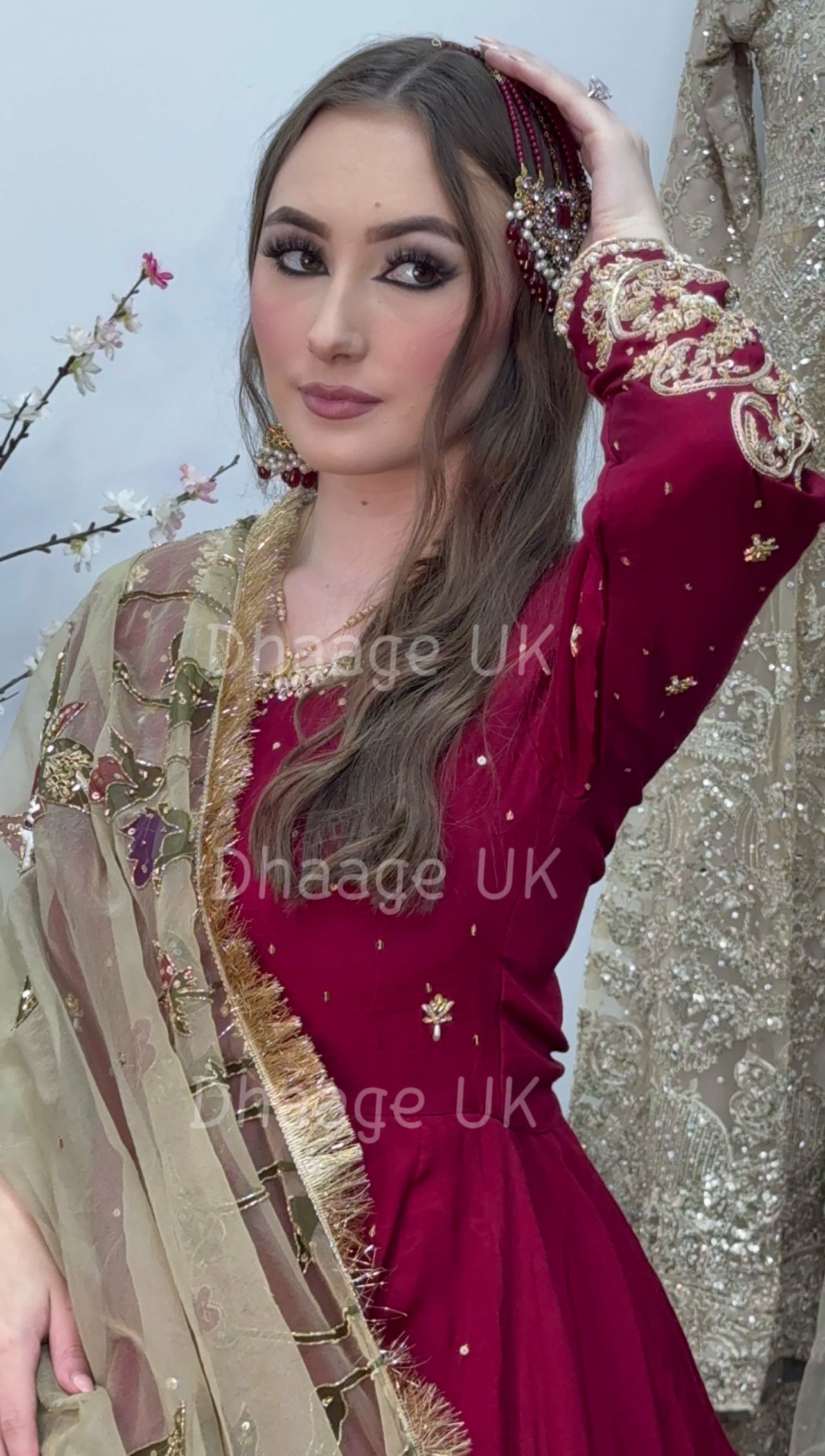 (Pre Order 3/4 Weeks) “GUL BANO” - Hand Painted Dupatta with Hand Work -Anarkali - Maroon Gold - Noor