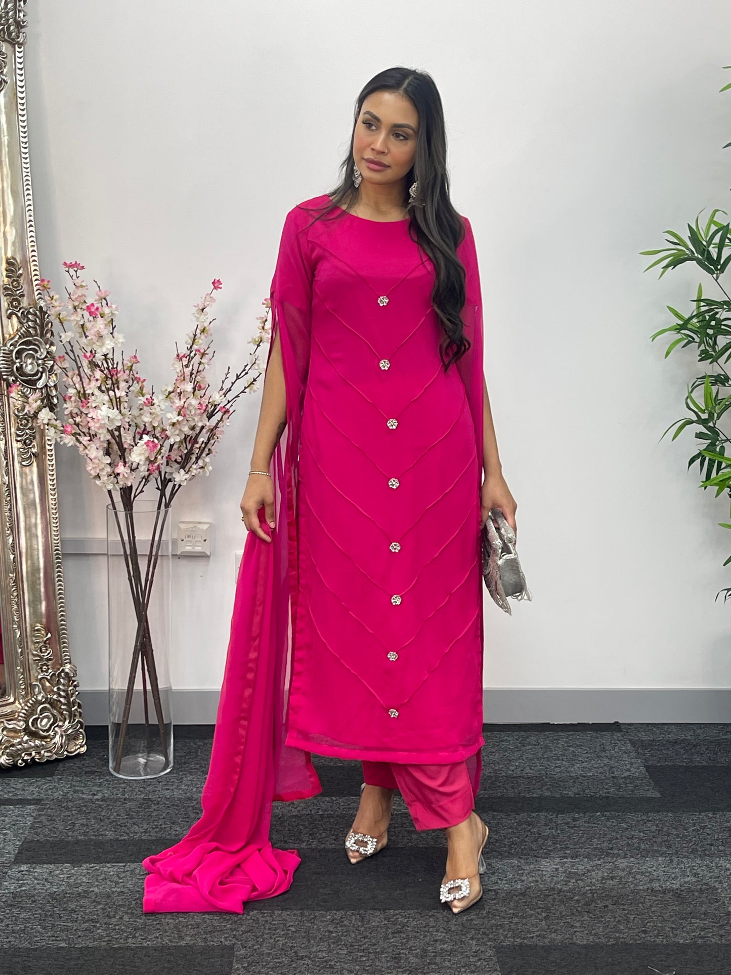 Hot Pink - Floor Length Sleeves - Chiffon Outfit - T