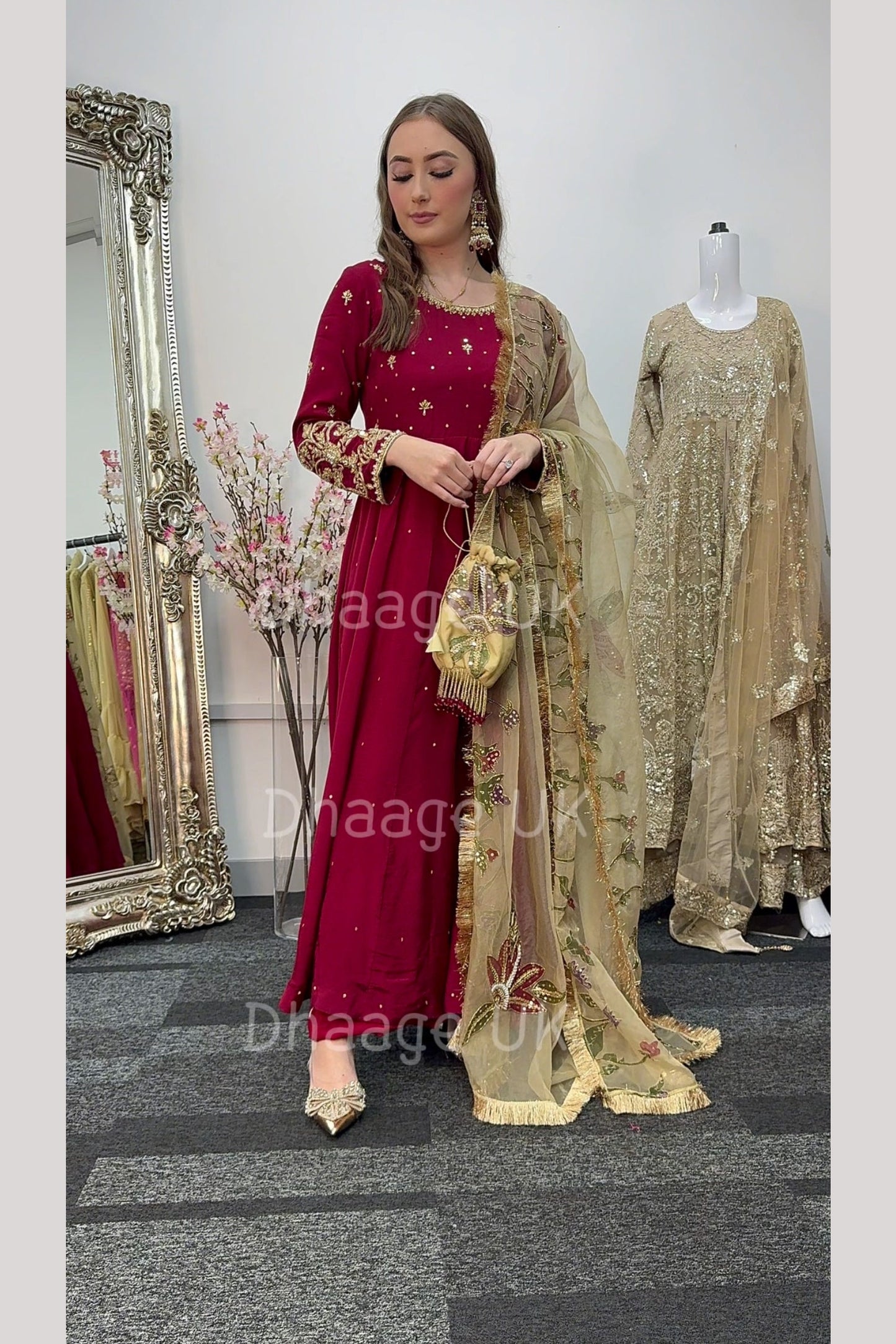(Pre Order 3/4 Weeks) “GUL BANO” - Hand Painted Dupatta with Hand Work -Anarkali - Maroon Gold - Noor