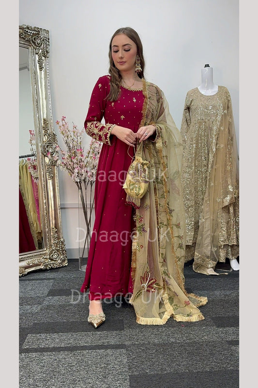 (Pre Order 3/4 Weeks) “GUL BANO” - Hand Painted Dupatta with Hand Work -Anarkali - Maroon Gold - Noor