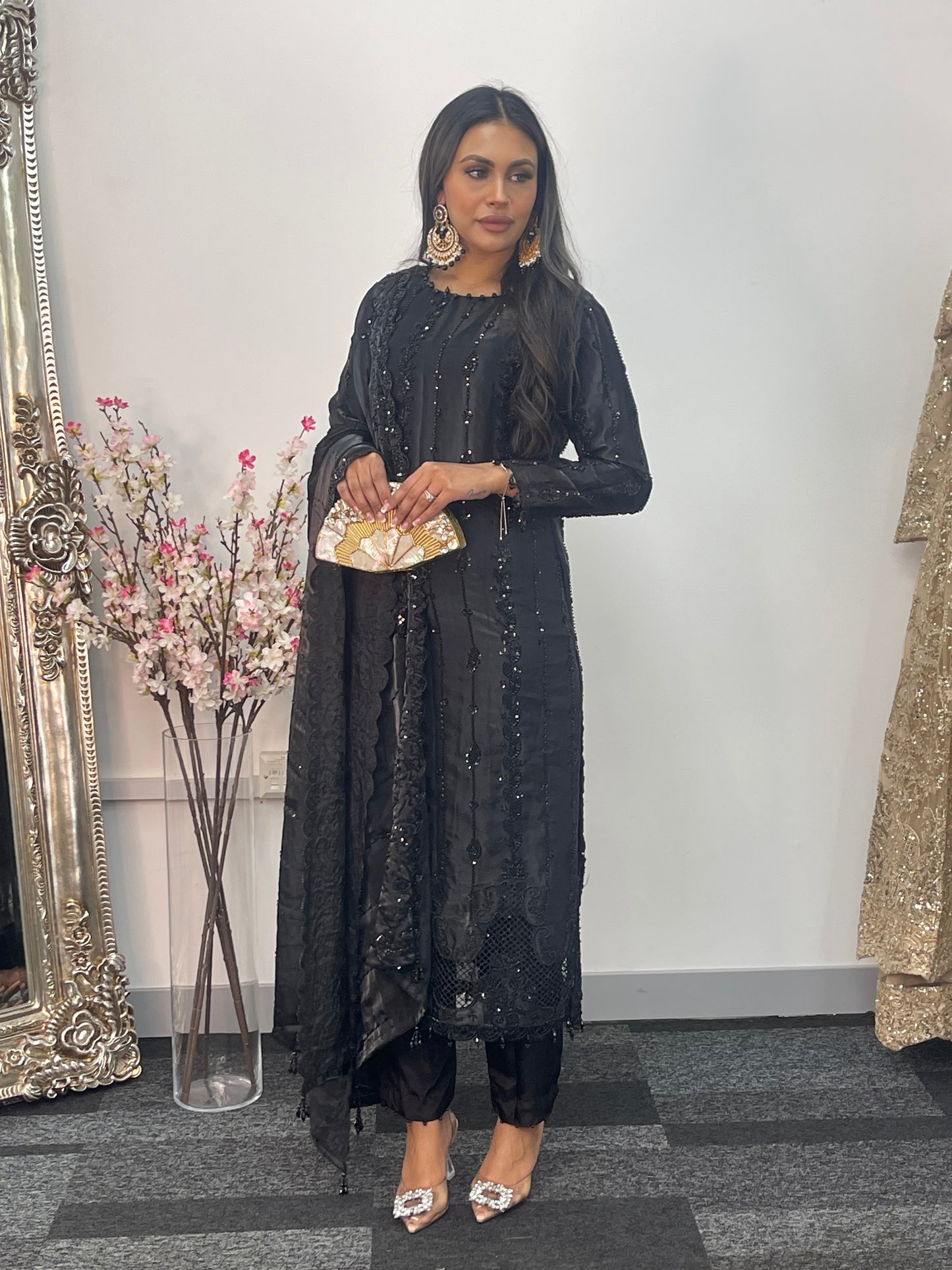 Tara - Korean Silk Cut Dana - Party Wear - CutWork - Black - taara