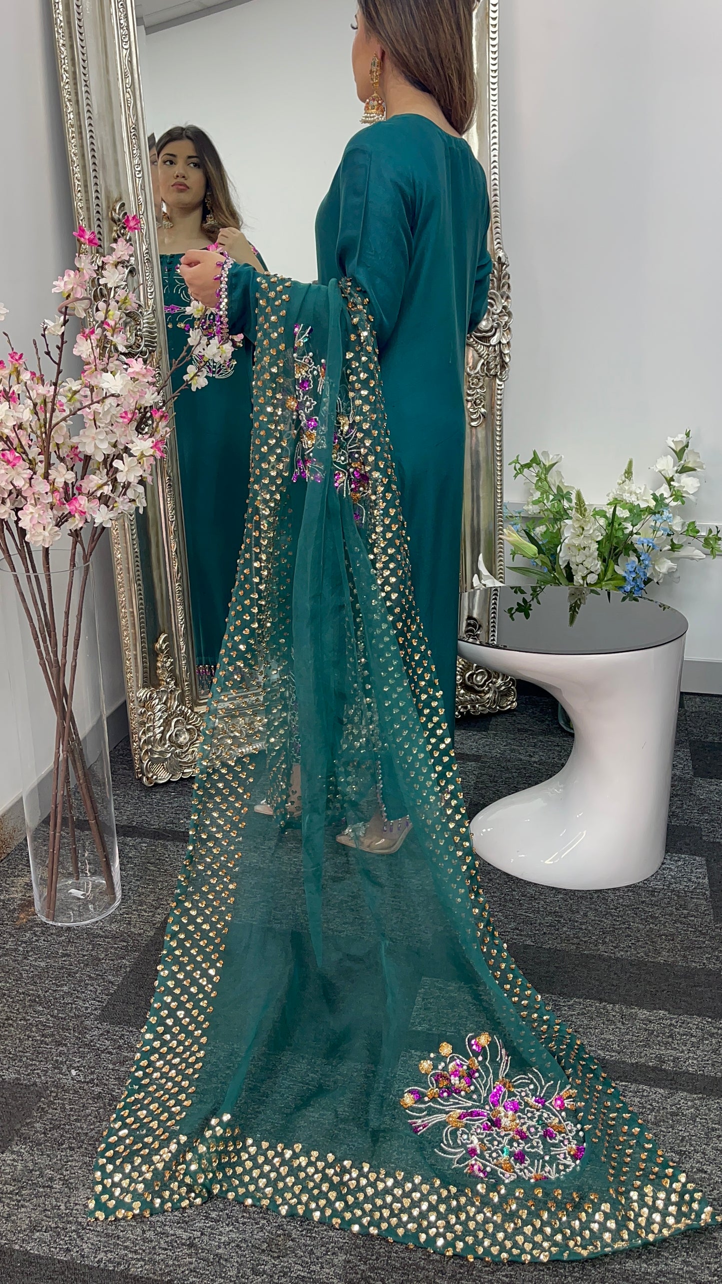 Phul Jhari - 80grams Raw Silk - Pure Organza Dupatta- Teal Pret -