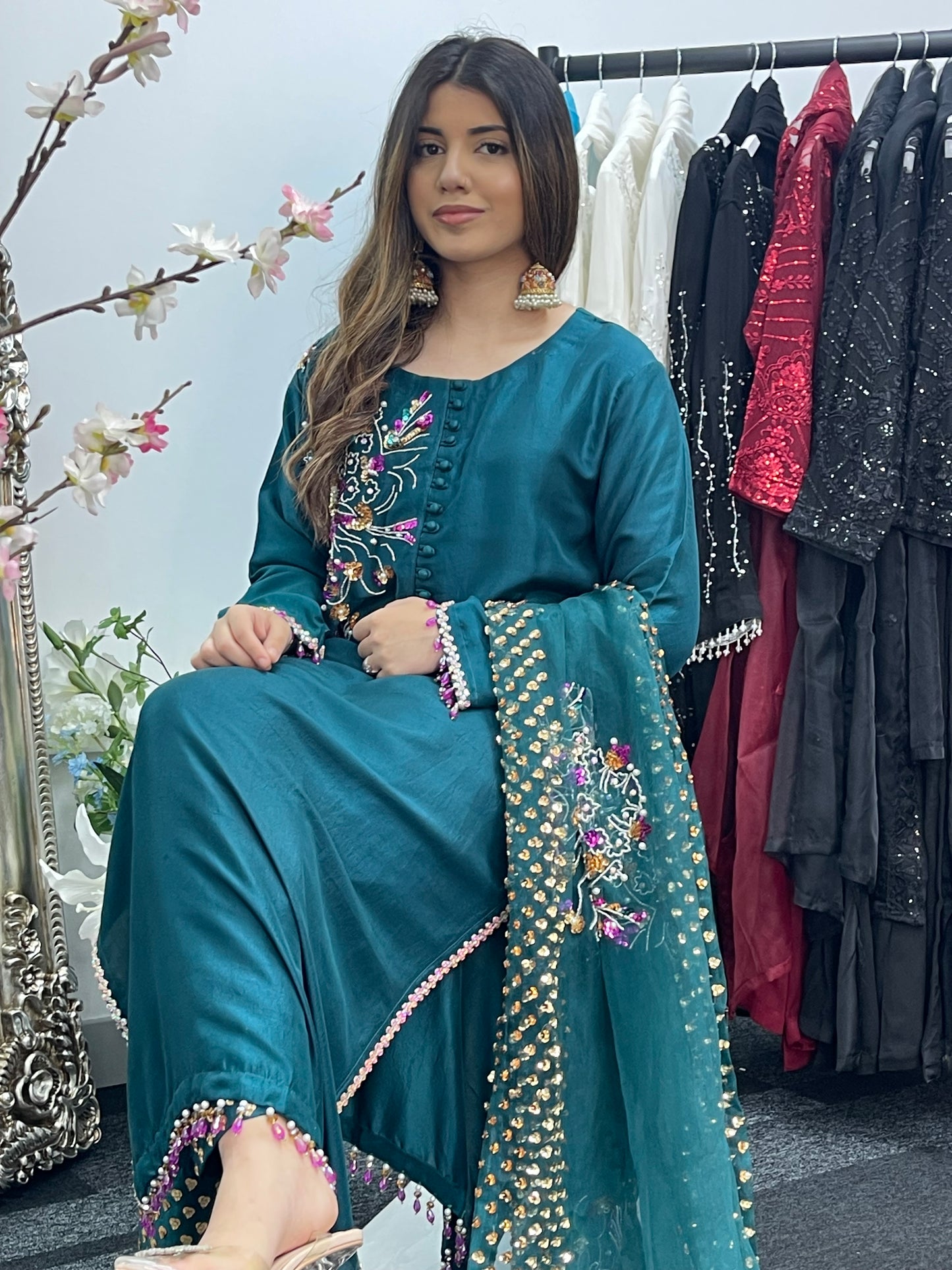 Phul Jhari - 80grams Raw Silk - Pure Organza Dupatta- Teal Pret -