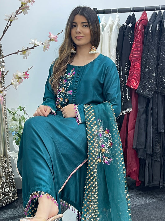 Phul Jhari - 80grams Raw Silk - Pure Organza Dupatta- Teal Pret -