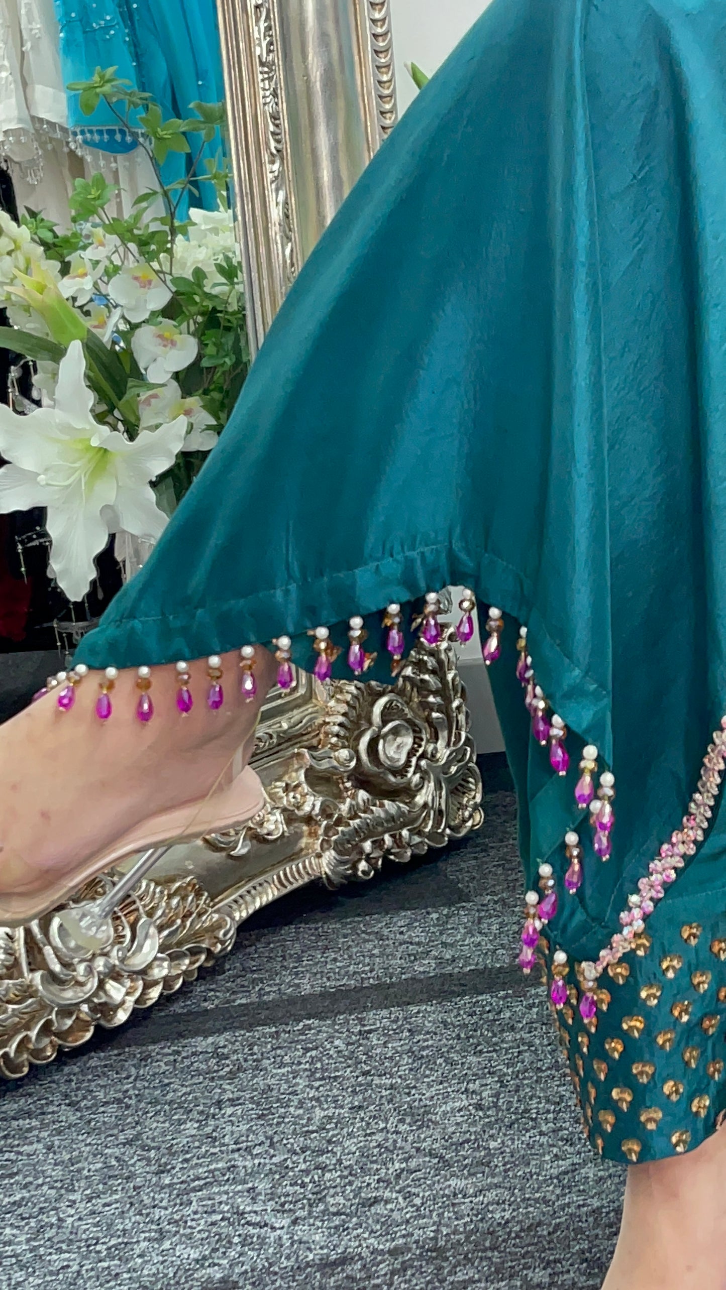 Phul Jhari - 80grams Raw Silk - Pure Organza Dupatta- Teal Pret -