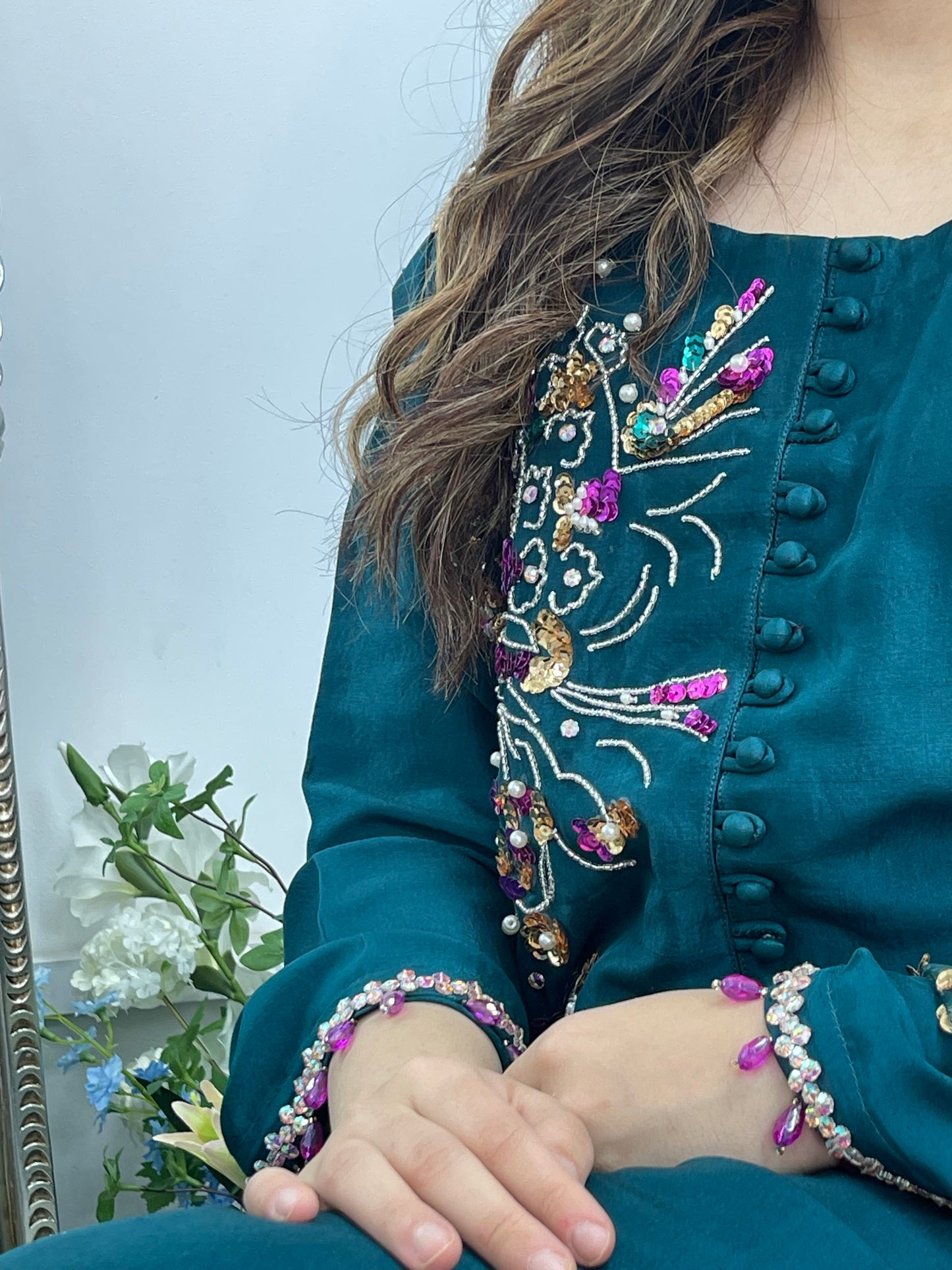 Phul Jhari - 80grams Raw Silk - Pure Organza Dupatta- Teal Pret -