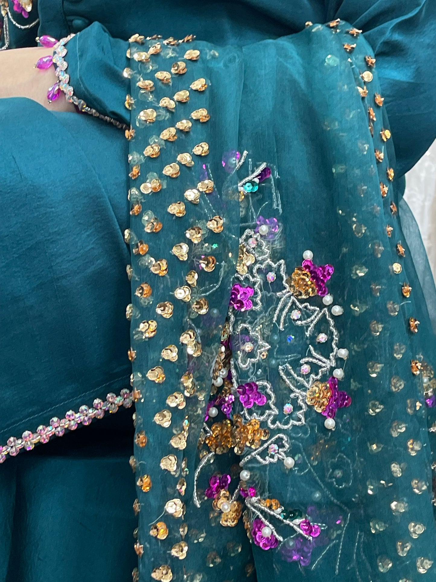 Phul Jhari - 80grams Raw Silk - Pure Organza Dupatta- Teal Pret -