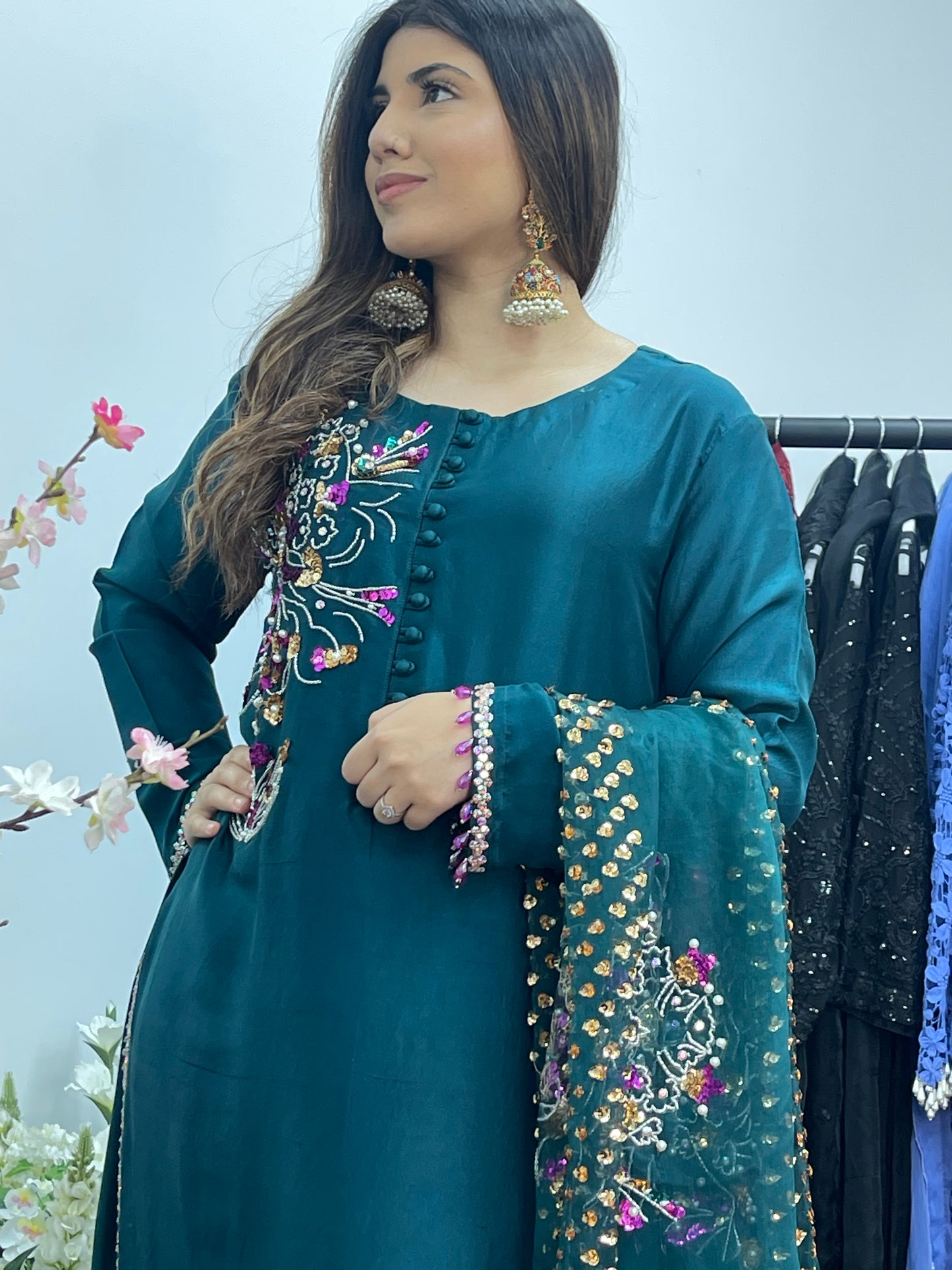 Phul Jhari - 80grams Raw Silk - Pure Organza Dupatta- Teal Pret -