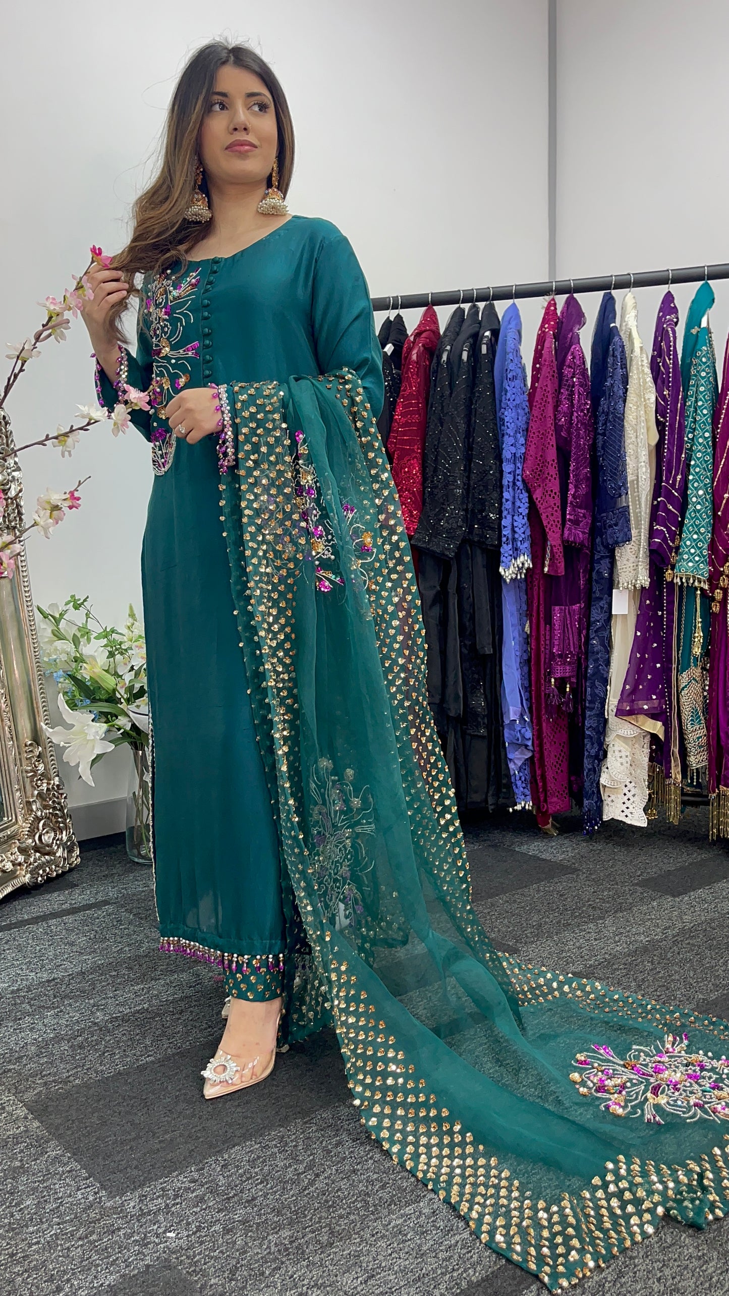 Phul Jhari - 80grams Raw Silk - Pure Organza Dupatta- Teal Pret -