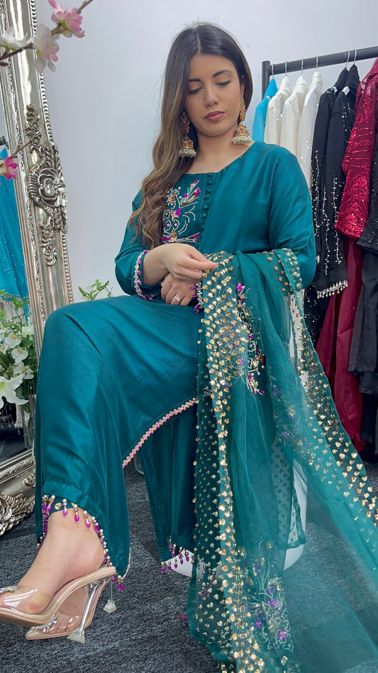 Phul Jhari - 80grams Raw Silk - Pure Organza Dupatta- Teal Pret -