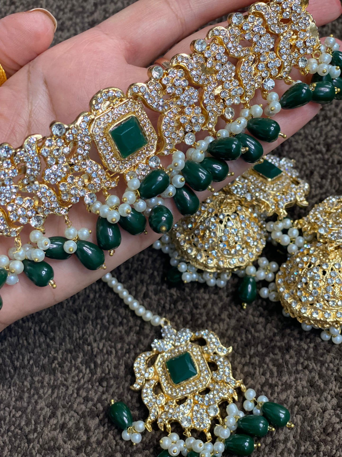 Green and Gold Set - Jhumka and Necklace Set
