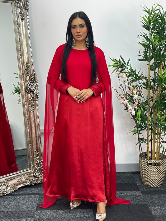 Cape Shawl Dress - Silk Chiffon  - Red