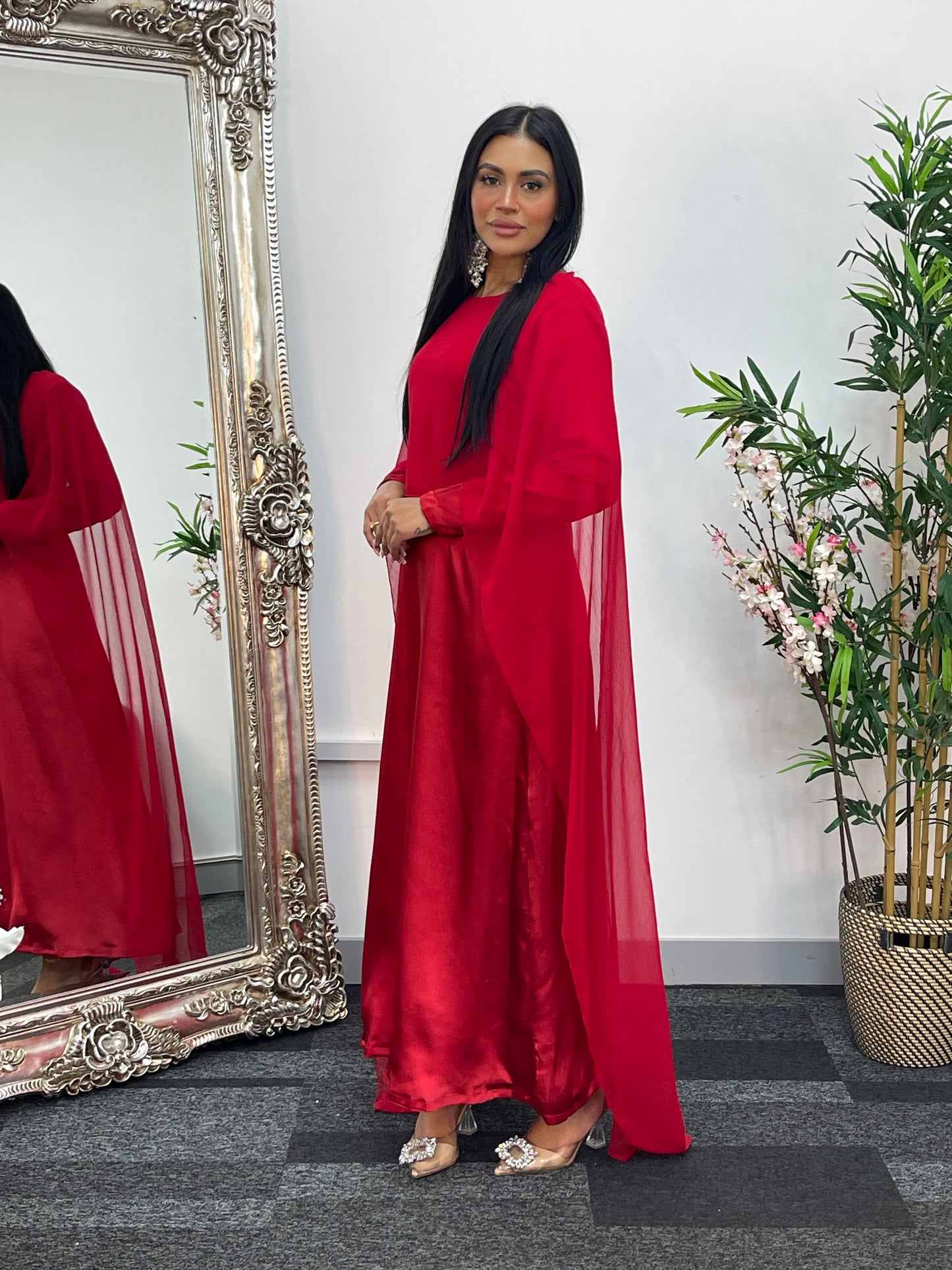 Cape Shawl Dress - Silk Chiffon  - Red