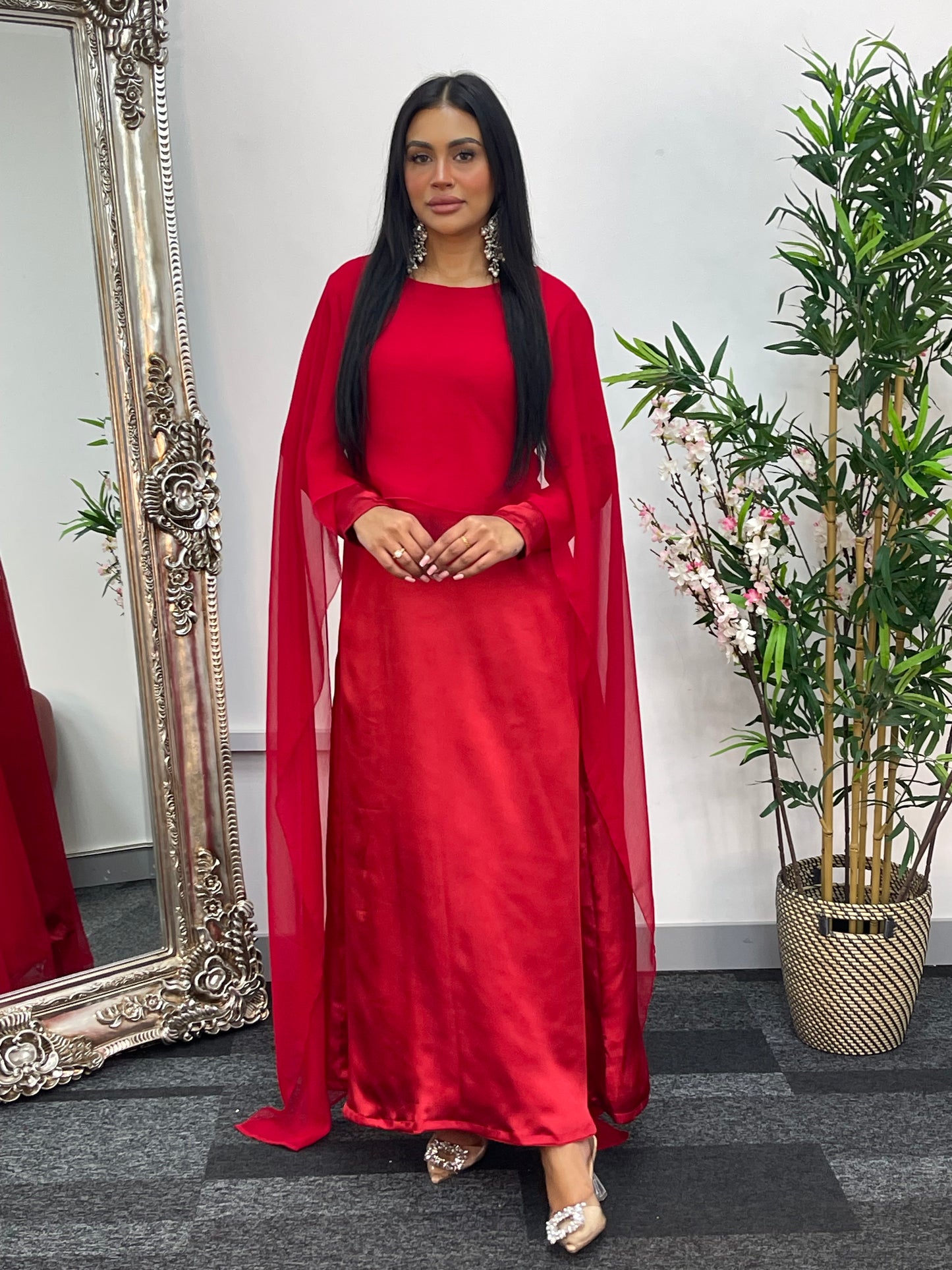 Cape Shawl Dress - Silk Chiffon  - Red