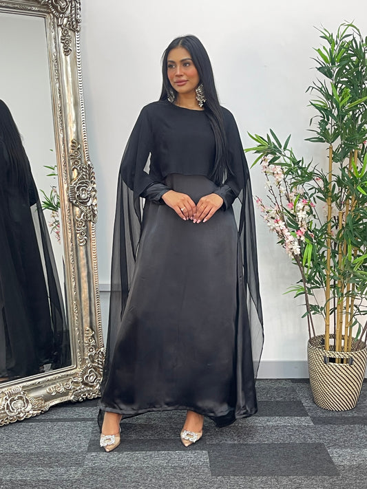 Cape Shawl Dress - Silk Chiffon  - Black