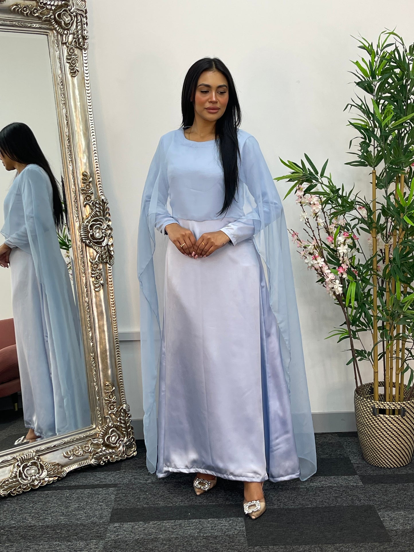 Cape Shawl Dress - Silk Chiffon  - Blue