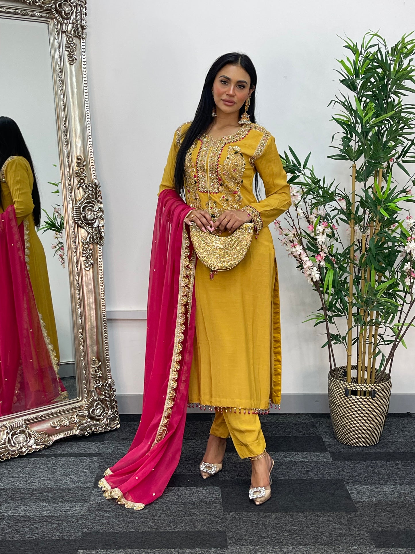 “Lashkara” - Party Wear - Yellow - Hot Pink