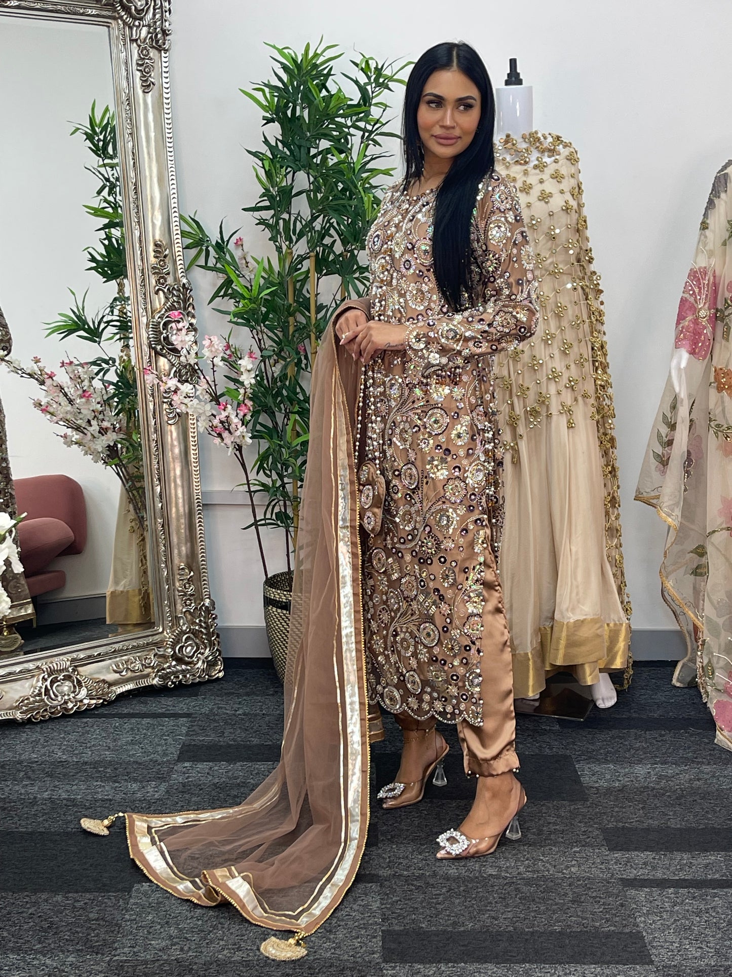 pakistani traditional dress | Cutdana Net - Brown