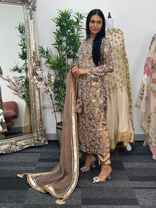 pakistani traditional dress | Cutdana Net - Brown