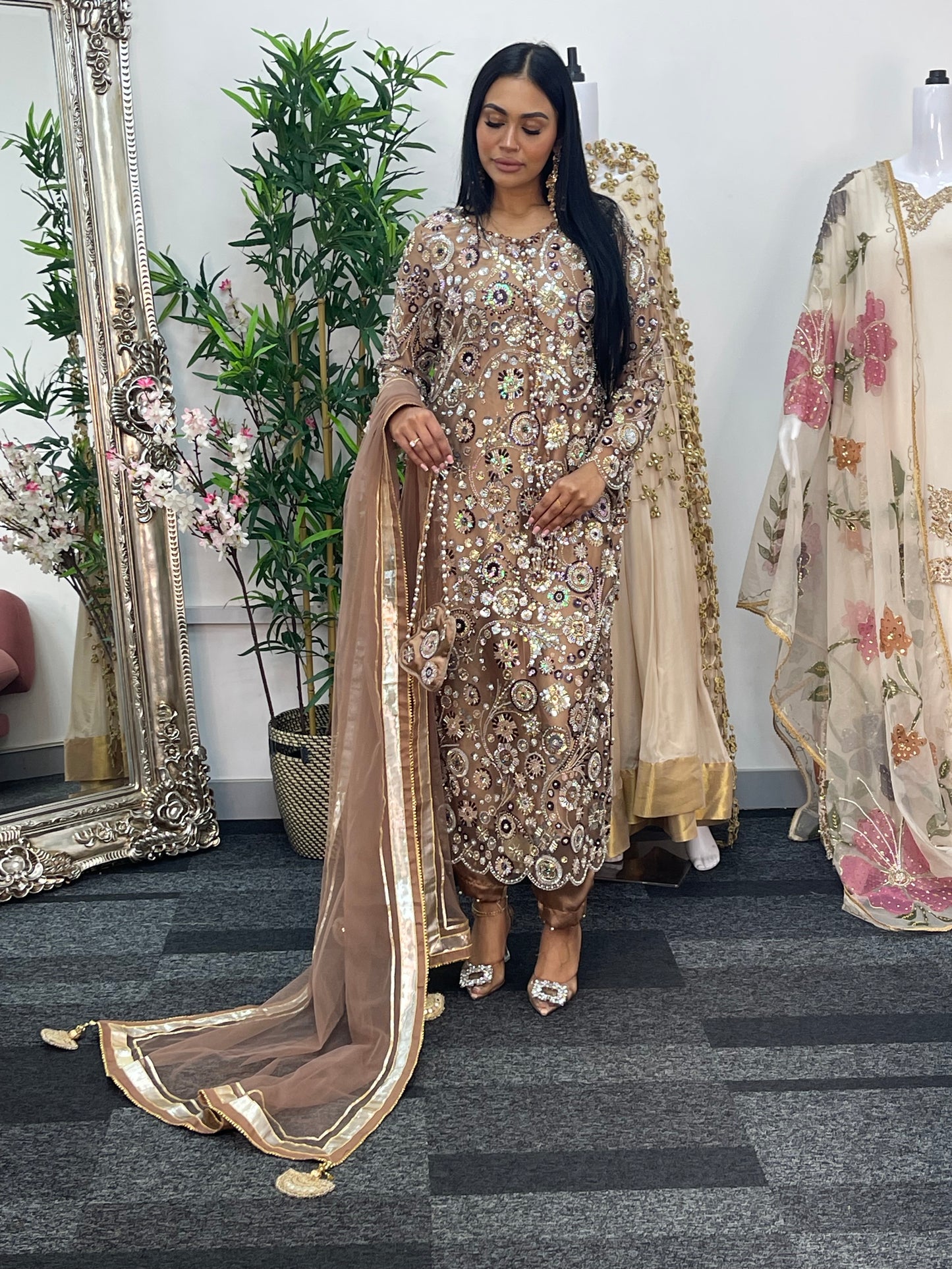 pakistani traditional dress | Cutdana Net - Brown