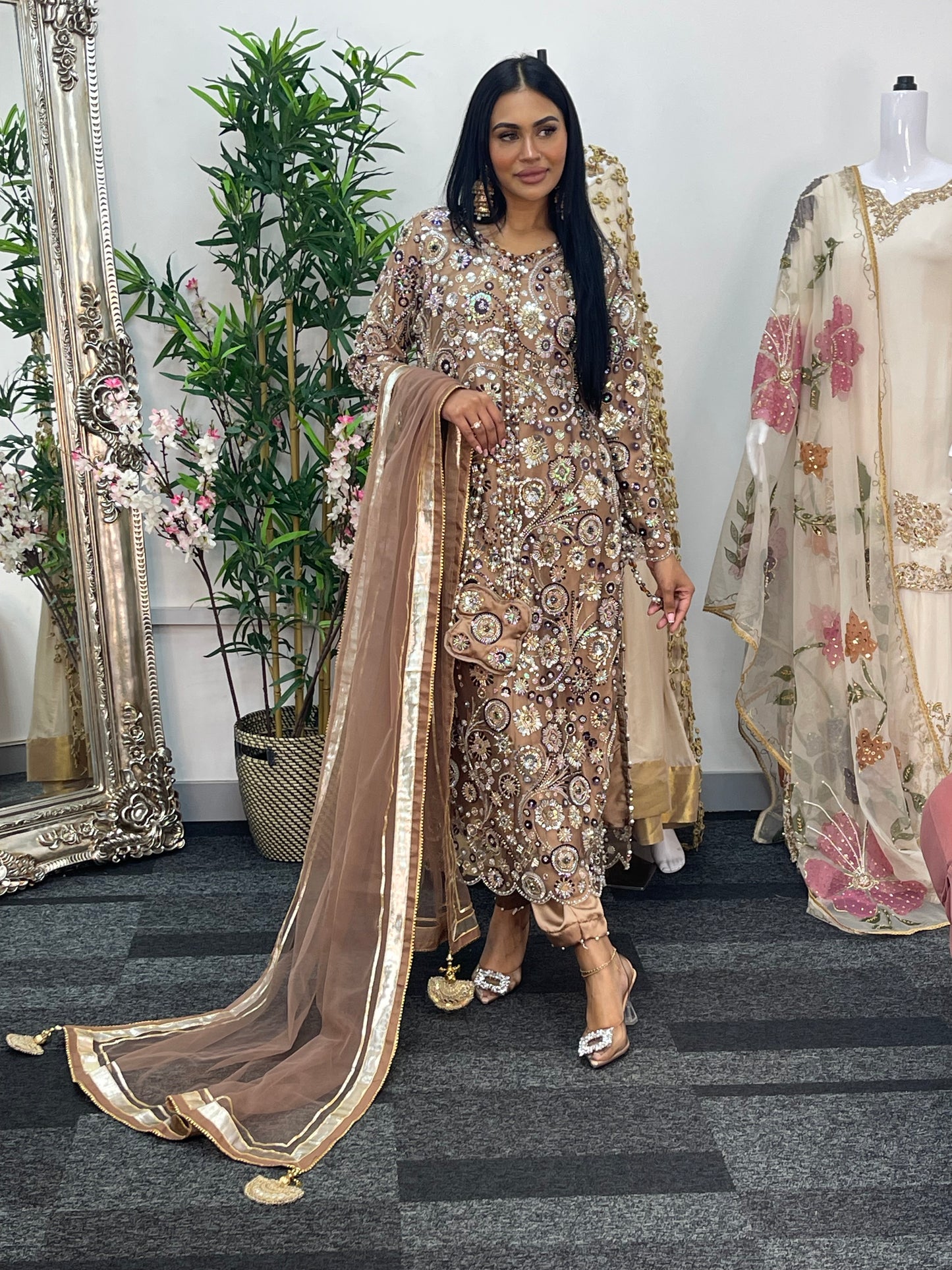 pakistani traditional dress | Cutdana Net - Brown